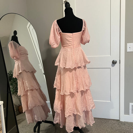 Pink Tiered Maxi Dress S Puff Sleeve Crinkle Cottagecore Coquette Fairycore