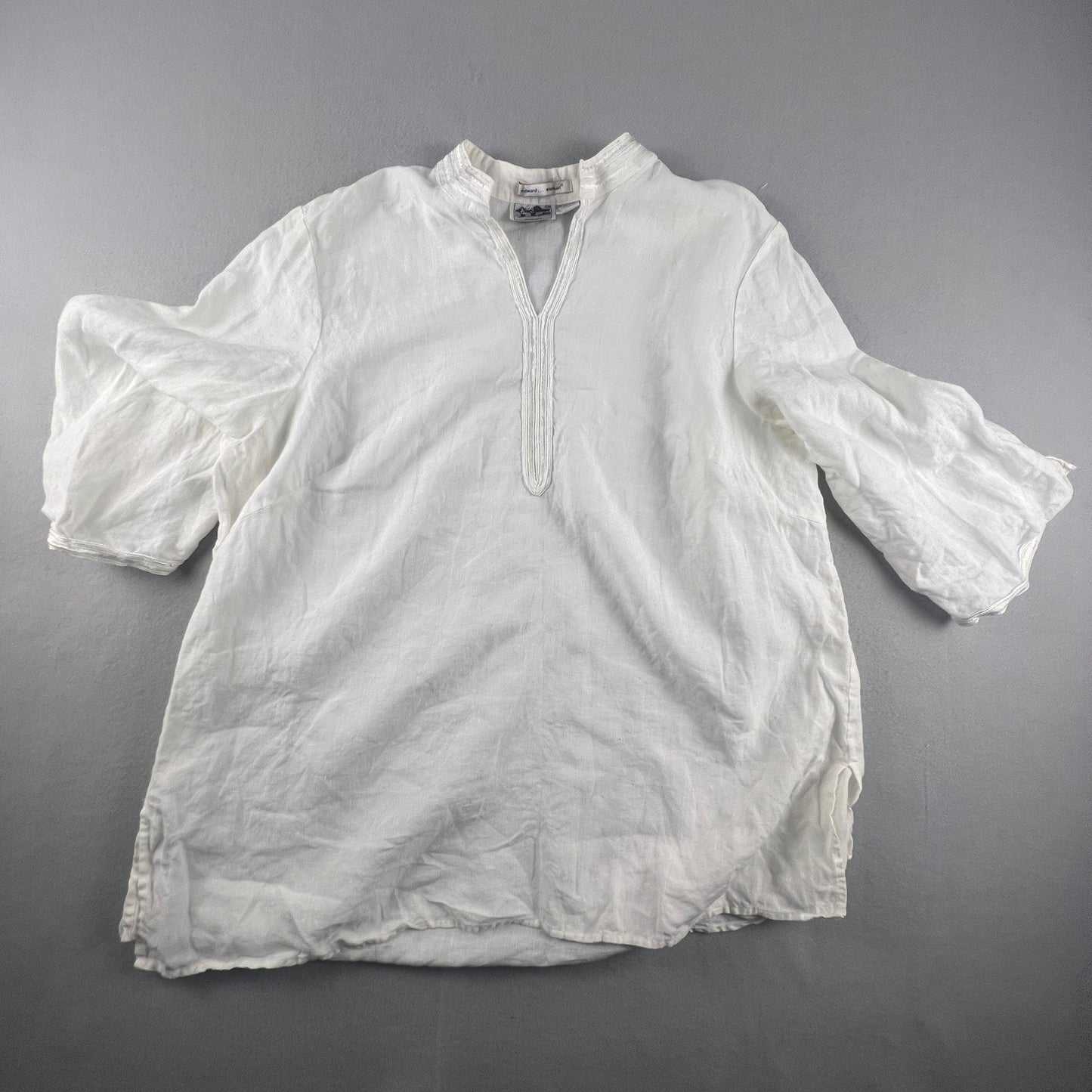 100% Linen Edward Woman Tunic Men 2X White Irish Embroidered V-Neck Beach Coastal