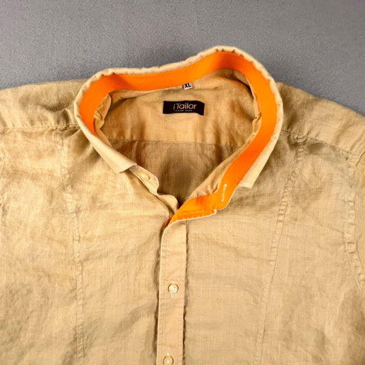 iTailor Button Down Shirt Mens XL Tan Orange Contrast Cotton Linen Beach Summer