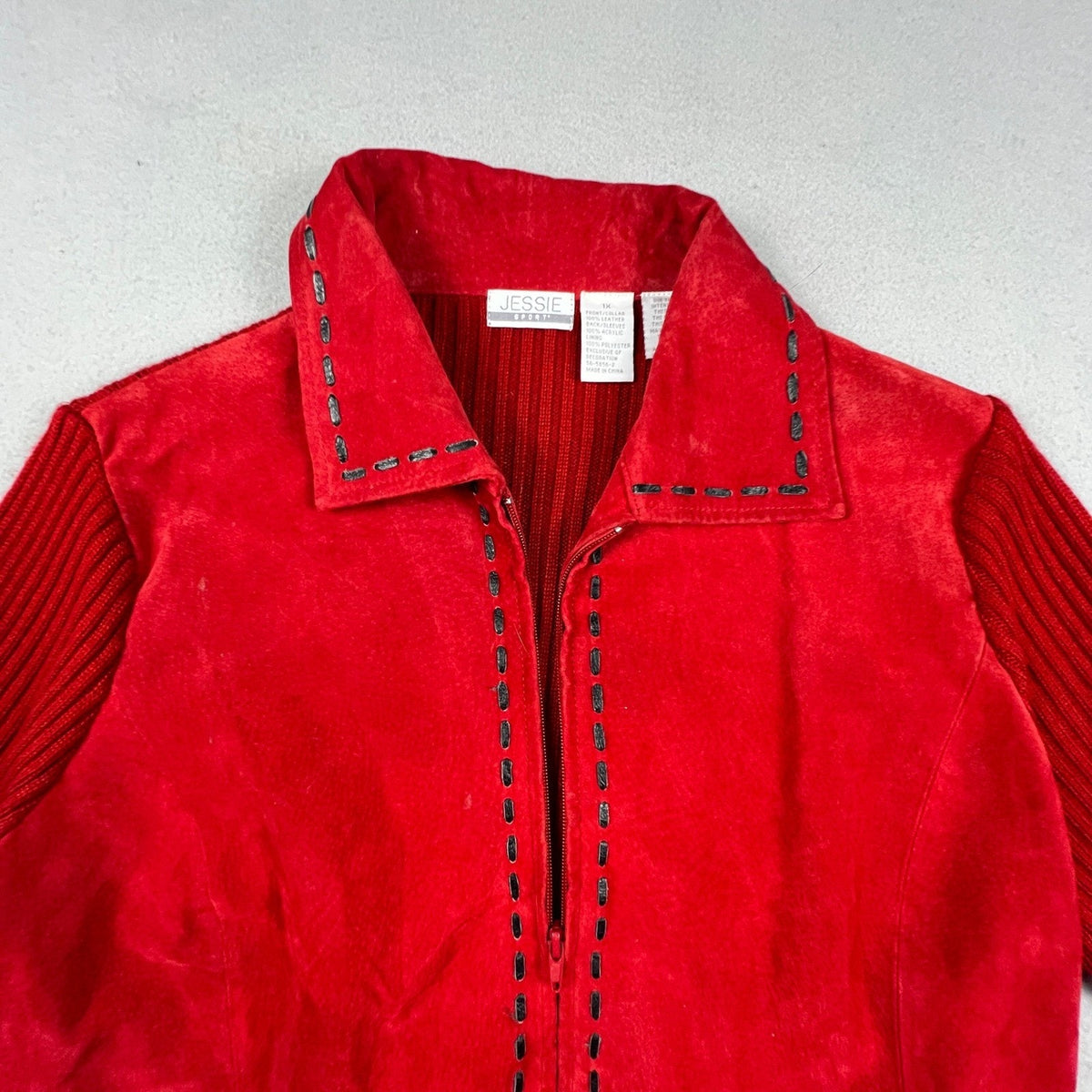 Jessie Sport Leather Jacket Women 1X Red Suede Ribbed Knit Mixed Media Zip Up