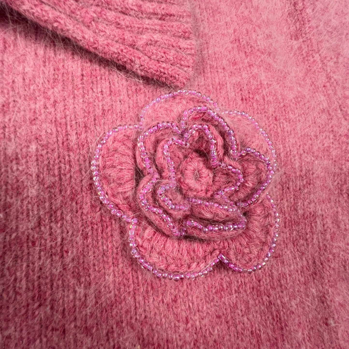 VTG Mercer & Madison Zip Sweater XL Pink Angora Wool Beaded Flower Coquette Y2K