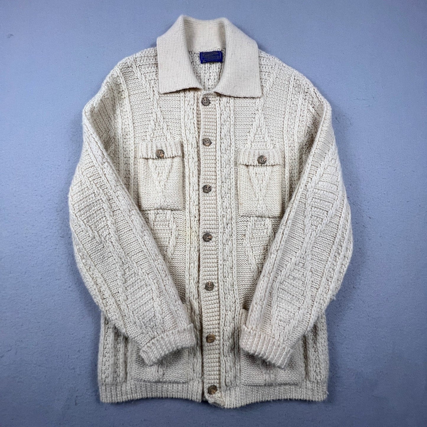 Vintage Pendleton Sweater Mens Large Cream Wool Cable Knit Aran Cardigan USA