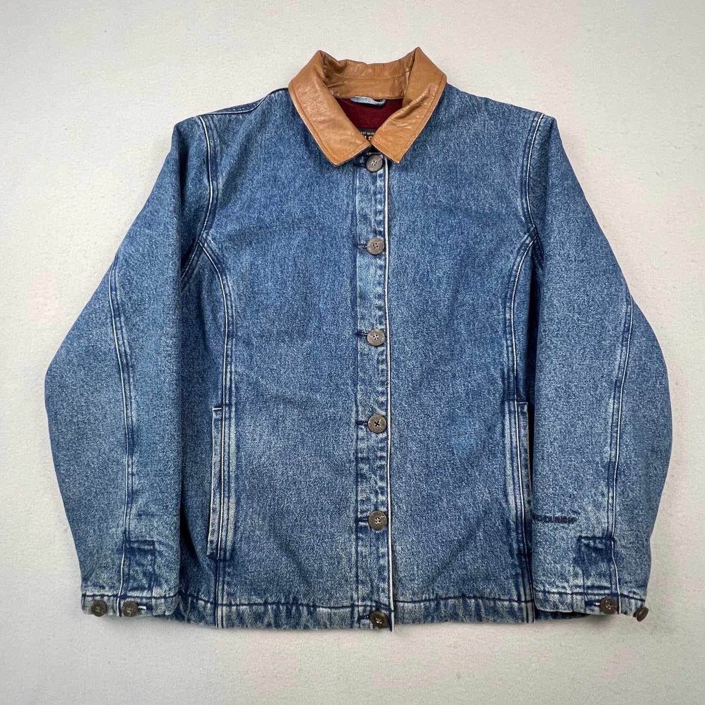 Woolrich Denim Barn Jacket Womens L Blue Leather Collar Fleece Lined Workwear