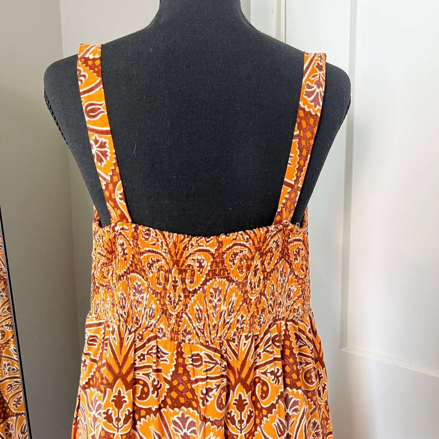 Boho Peasant Summer Midi Dress Womens Medium Orange Paisley Tie Front Knox Rose