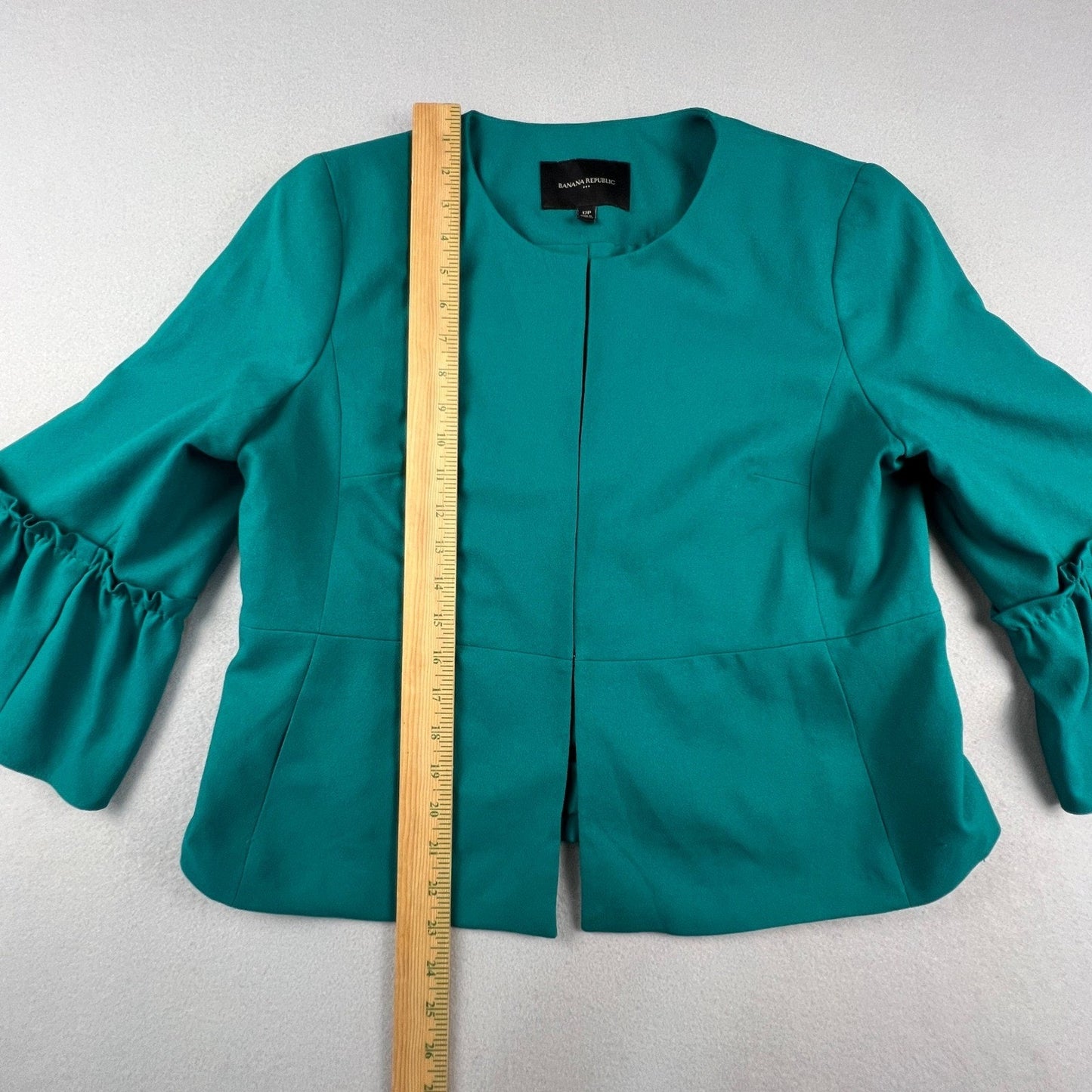 Banana Republic Bell Sleeve Jacket Womens 12P Teal Ruffle Cropped Professional