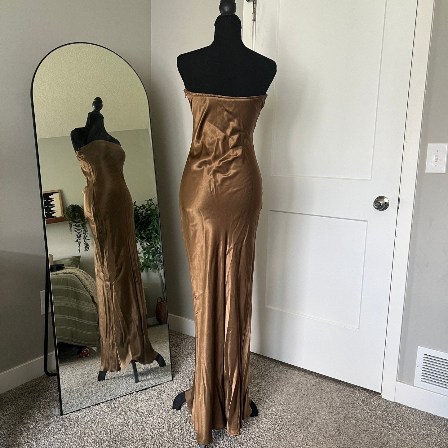 Strapless Maxi Dress S Bronze Brown Satin Formal Gown Minimalist Bridal Party
