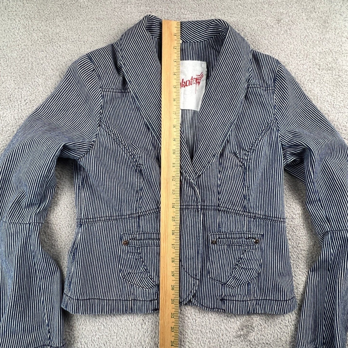 BB Dakota Hickory Stripe Denim Blazer Womens Medium Blue Fitted Peplum Jacket