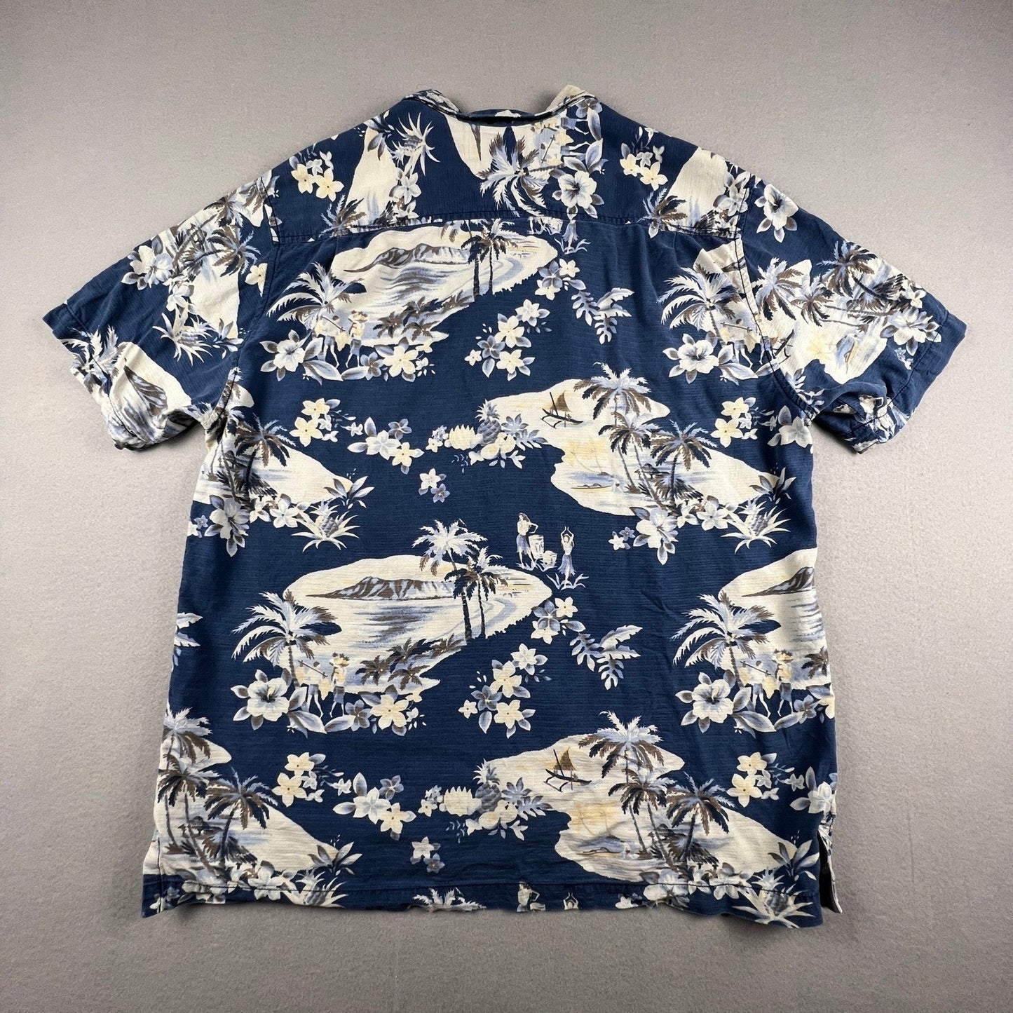 Tommy Bahama Button Front Shirt Mens L Blue Silk Hawaiian Palm Tree Island Aloha
