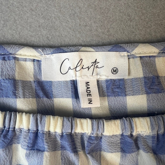 Gingham Tiered Midi Dress Womens Medium Blue White Ruffle Summer Cottagecore