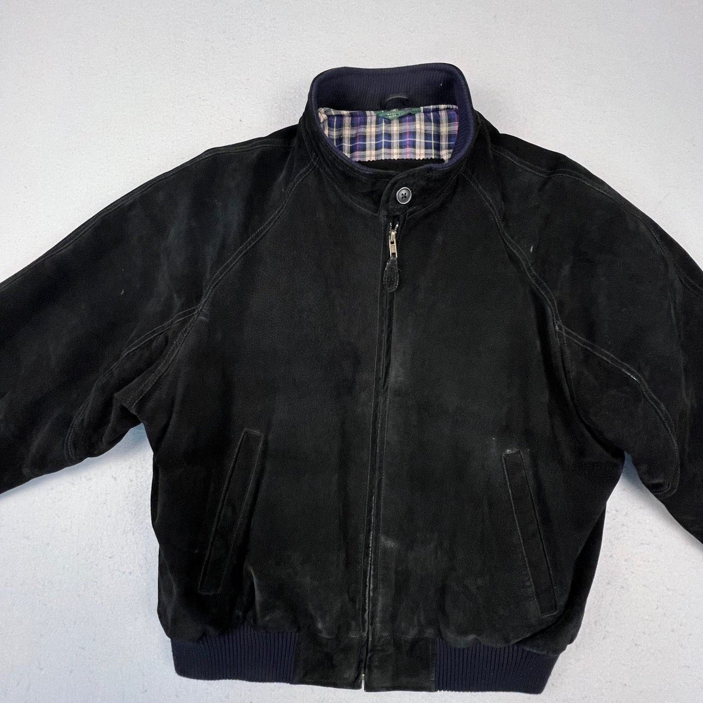 Field & Stream Leather Bomber Jacket Mens Large Black Suede Plaid Lined Outdoor