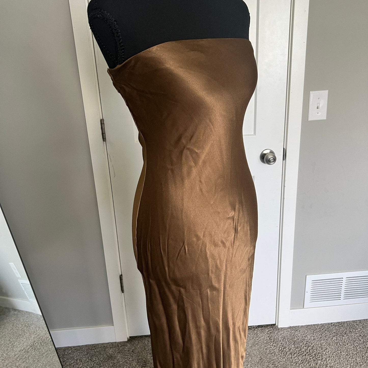 Strapless Maxi Dress S Bronze Brown Satin Formal Gown Minimalist Bridal Party
