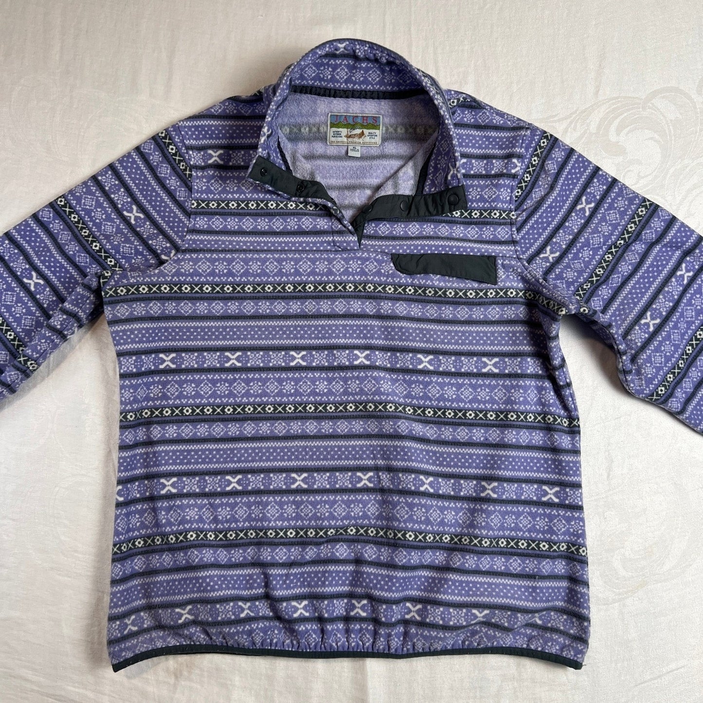 Fair Isle Fleece Mens XL Pullover Snap Neck Cabin Sweater Purple JACHS