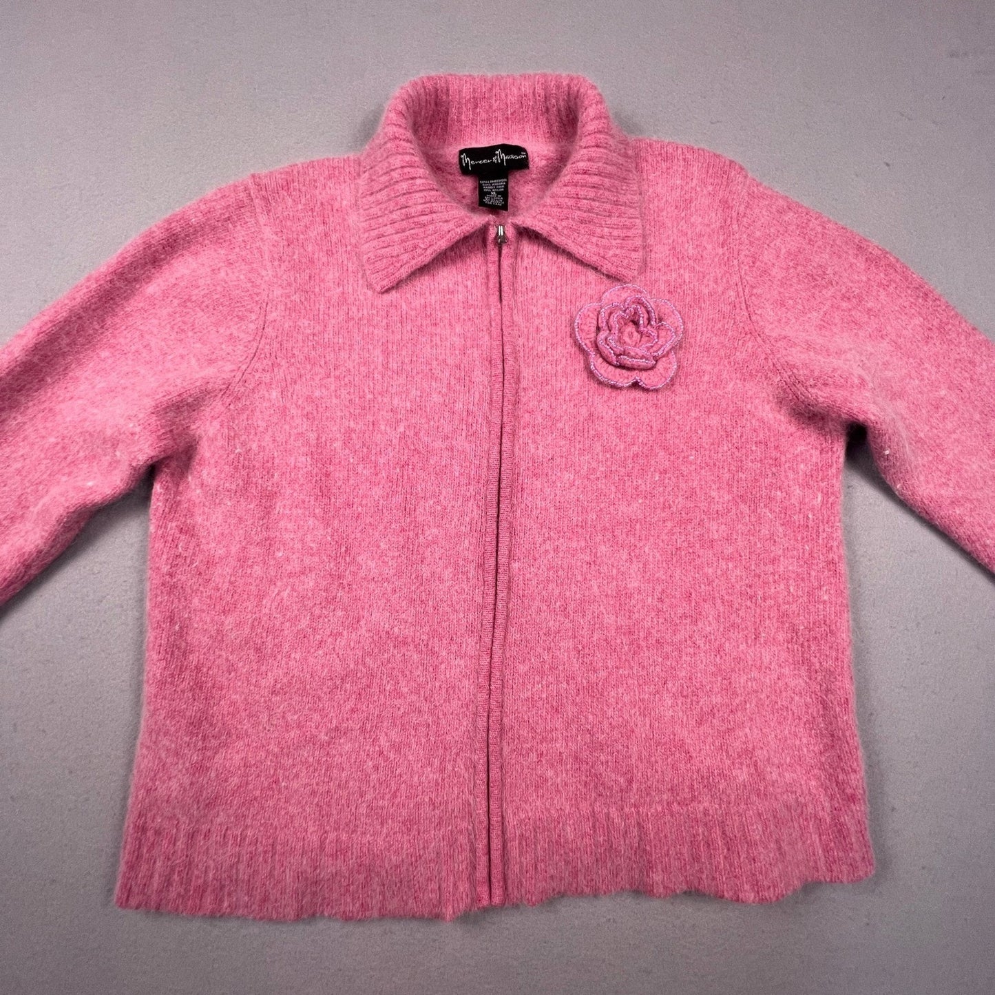 VTG Mercer & Madison Zip Sweater XL Pink Angora Wool Beaded Flower Coquette Y2K