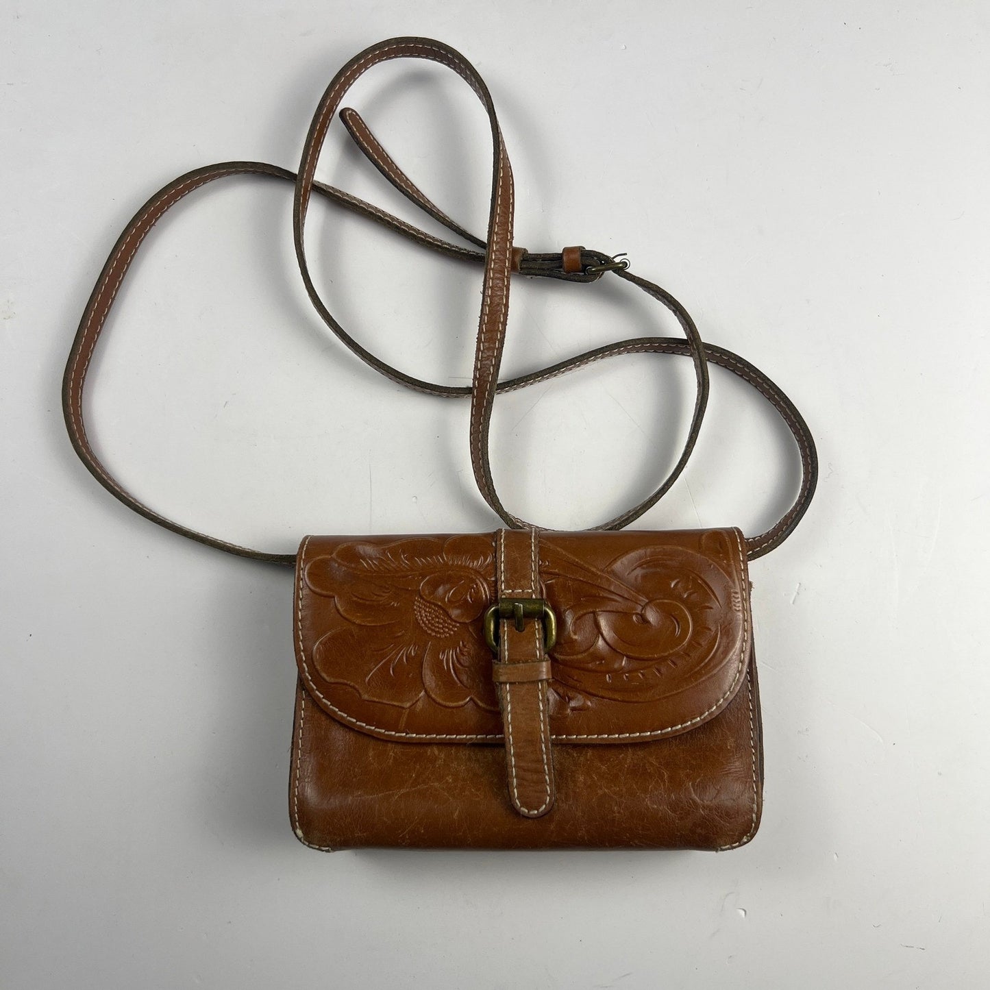 Patricia Nash Tooled Leather Crossbody Bag Tan Floral Embossed Vintage Boho