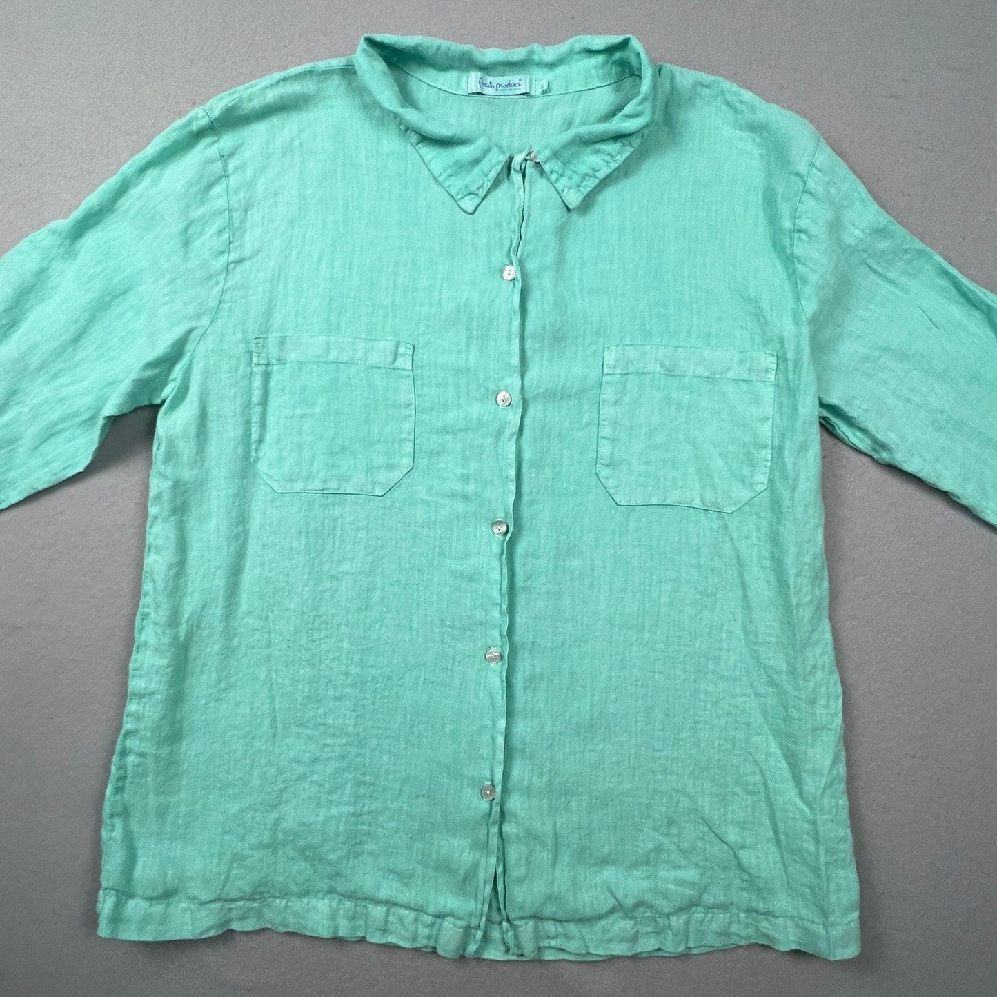 Fresh Produce Linen Button Down Shirt Womens L Seafoam Coastal Casual Summer