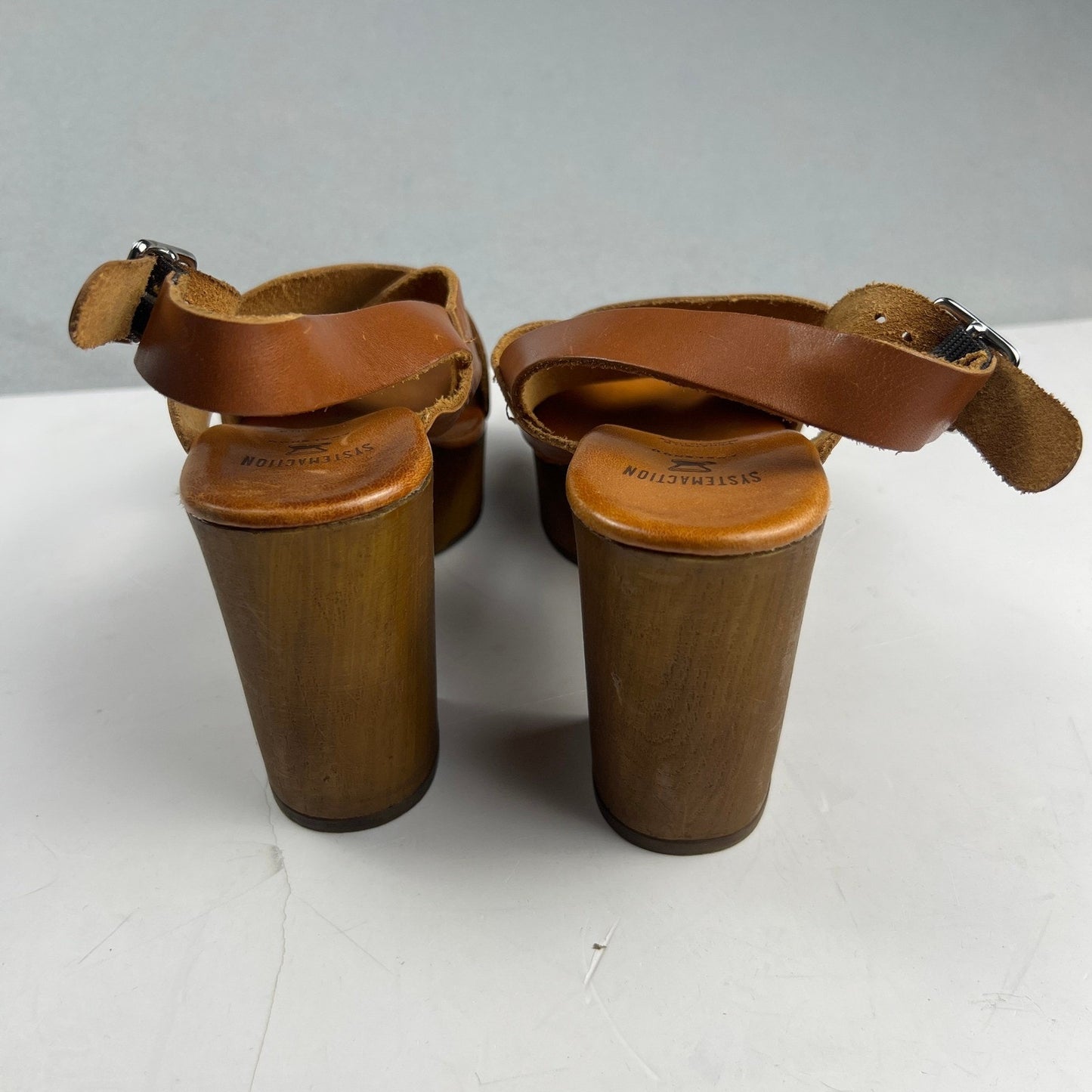 Brown Leather Wood Block Heel Boho Retro Platform Sandals Made in Italy Size 7