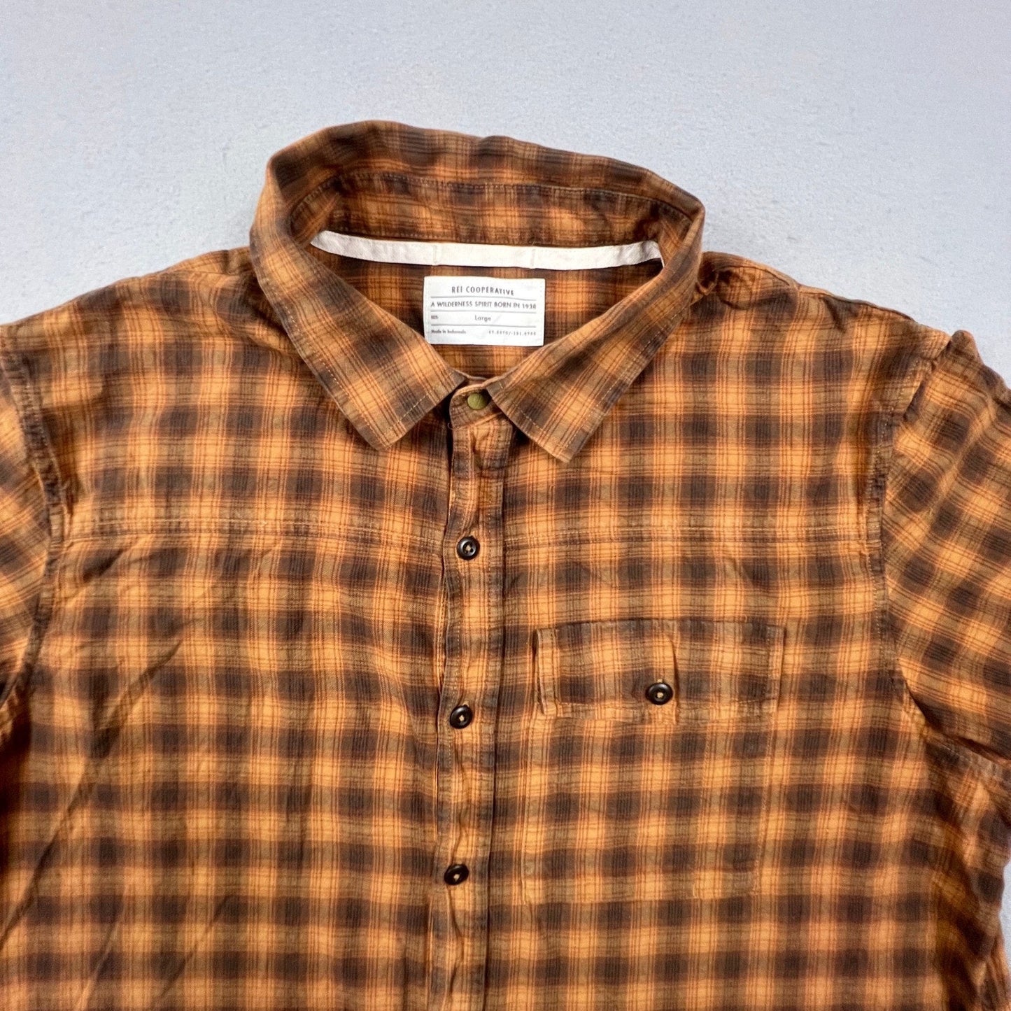 REI Co-op Flannel Shirt Mens Large Orange Brown Plaid Cotton Hiking Outdoor F20