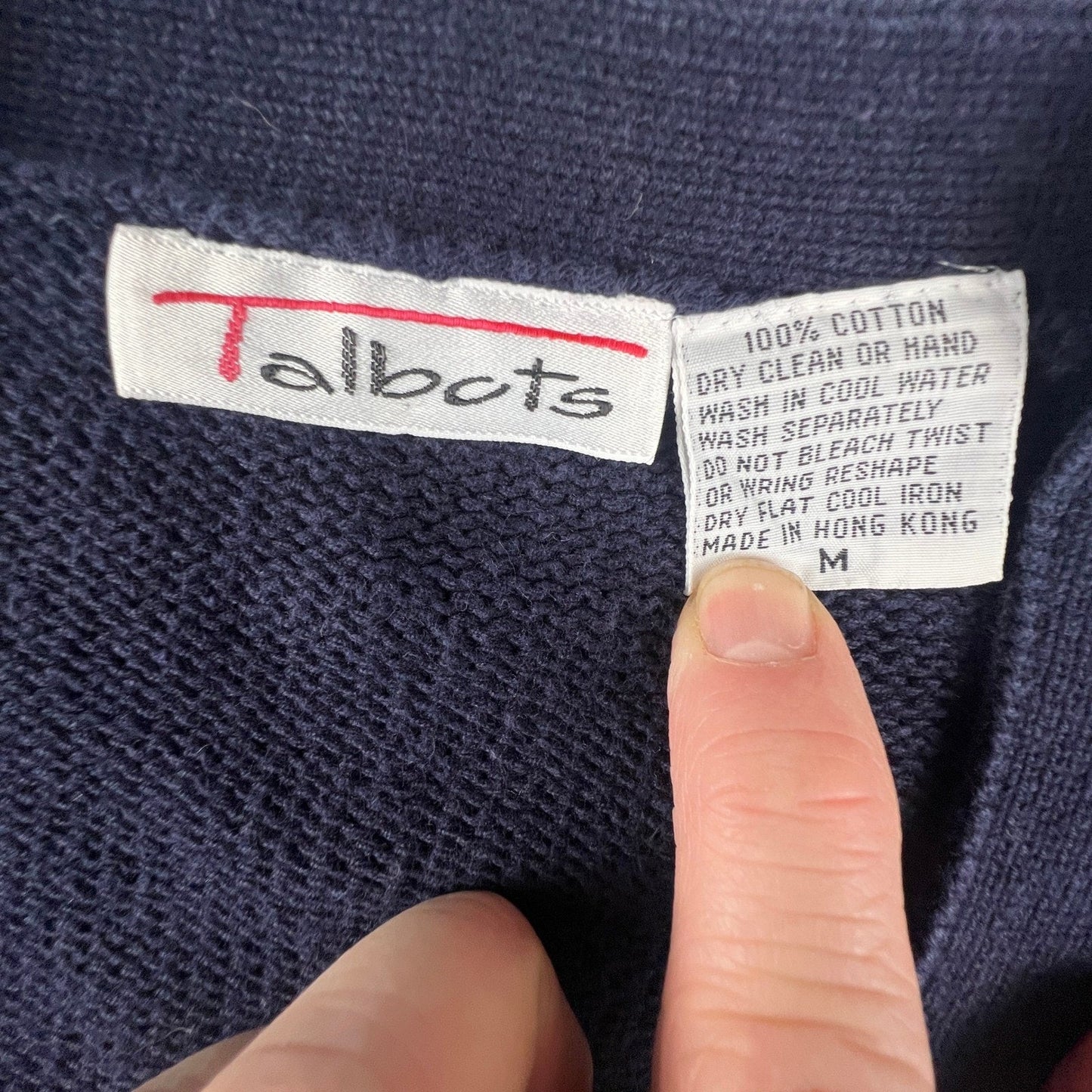 Talbots Cardigan Sweater Womens Medium Navy Blue Gold Crest Button Cotton Preppy