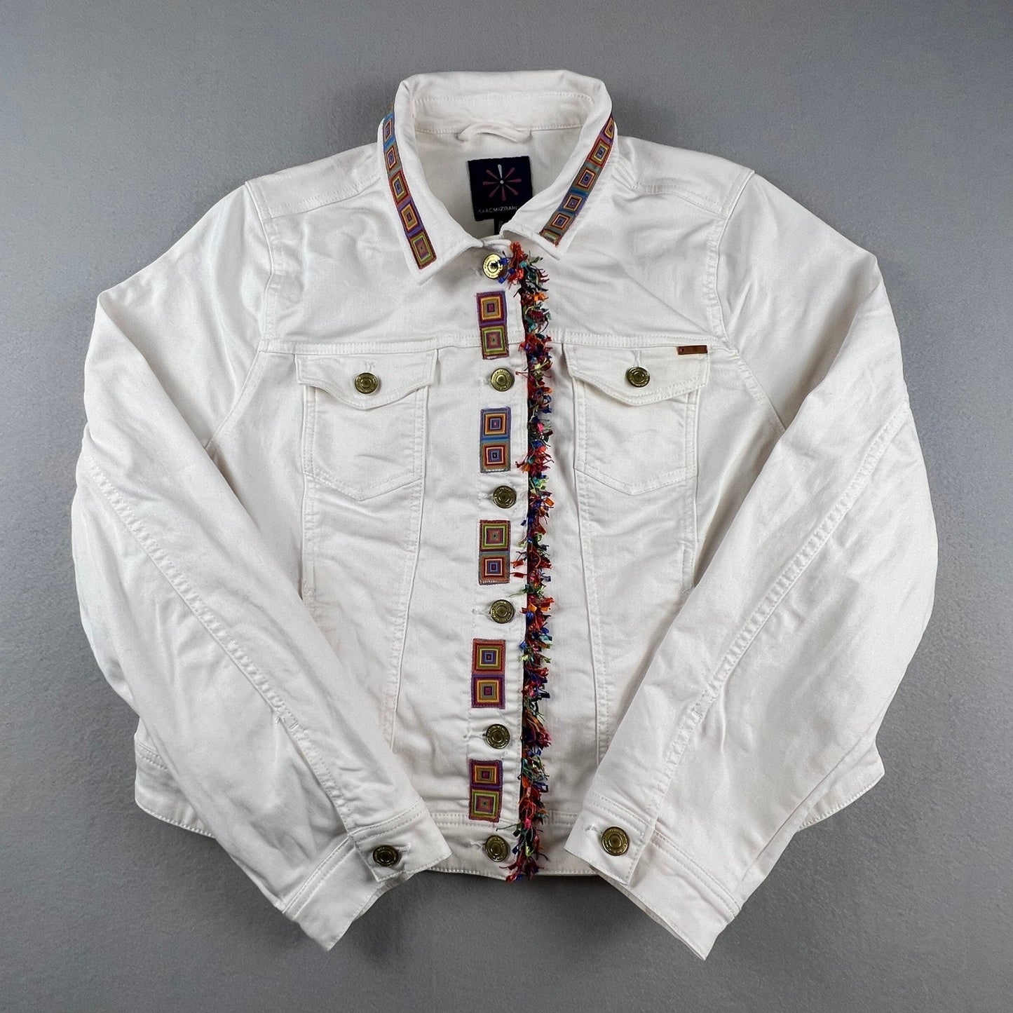 Isaac Mizrahi Live Denim Jacket Womens 16 White Embroidered Fringe Boho Festival