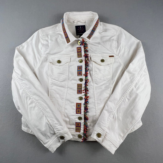 Isaac Mizrahi Live Denim Jacket Womens 16 White Embroidered Fringe Boho Festival
