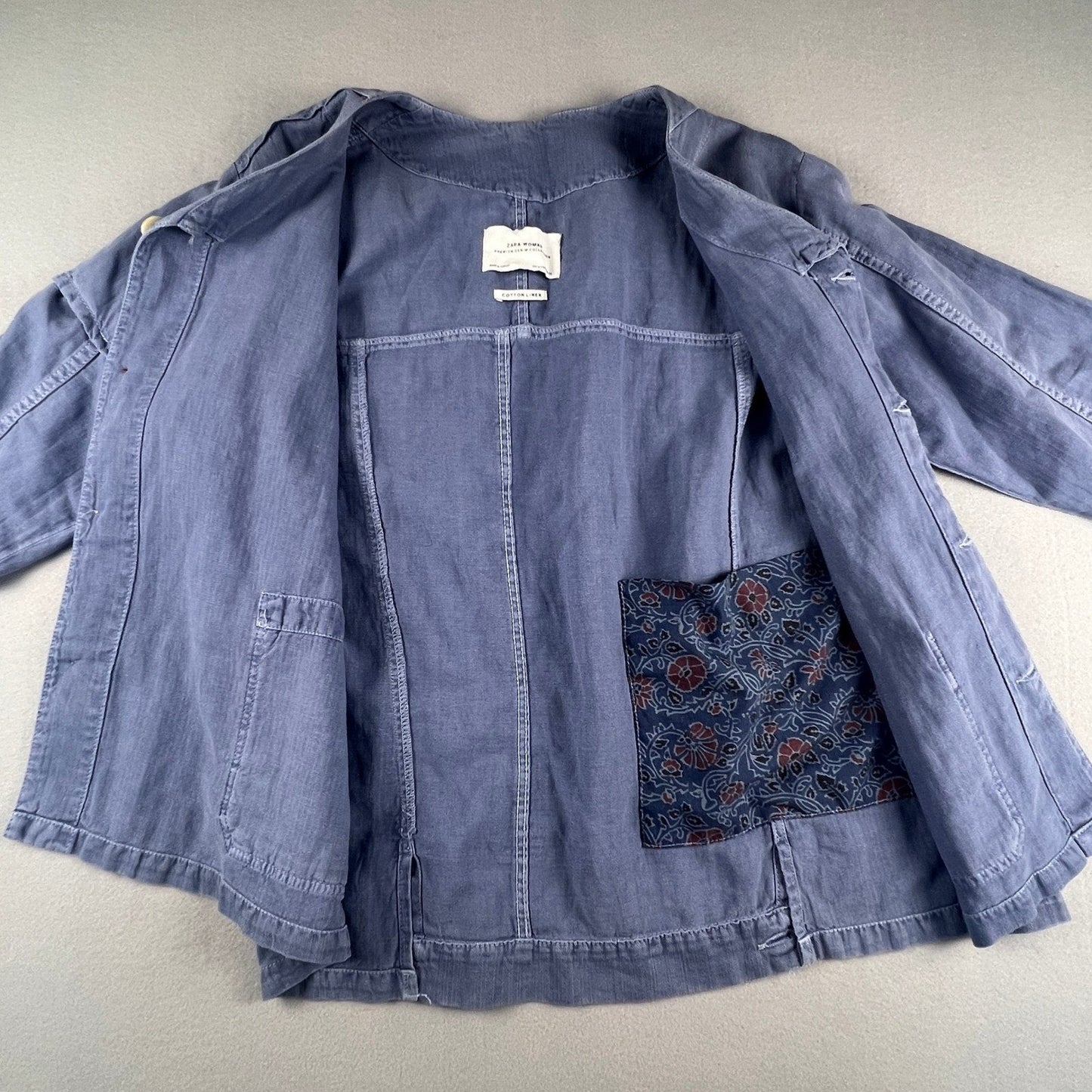 Zara Chore Jacket Womens Medium Blue Cotton Linen Utility Workwear Shacket M
