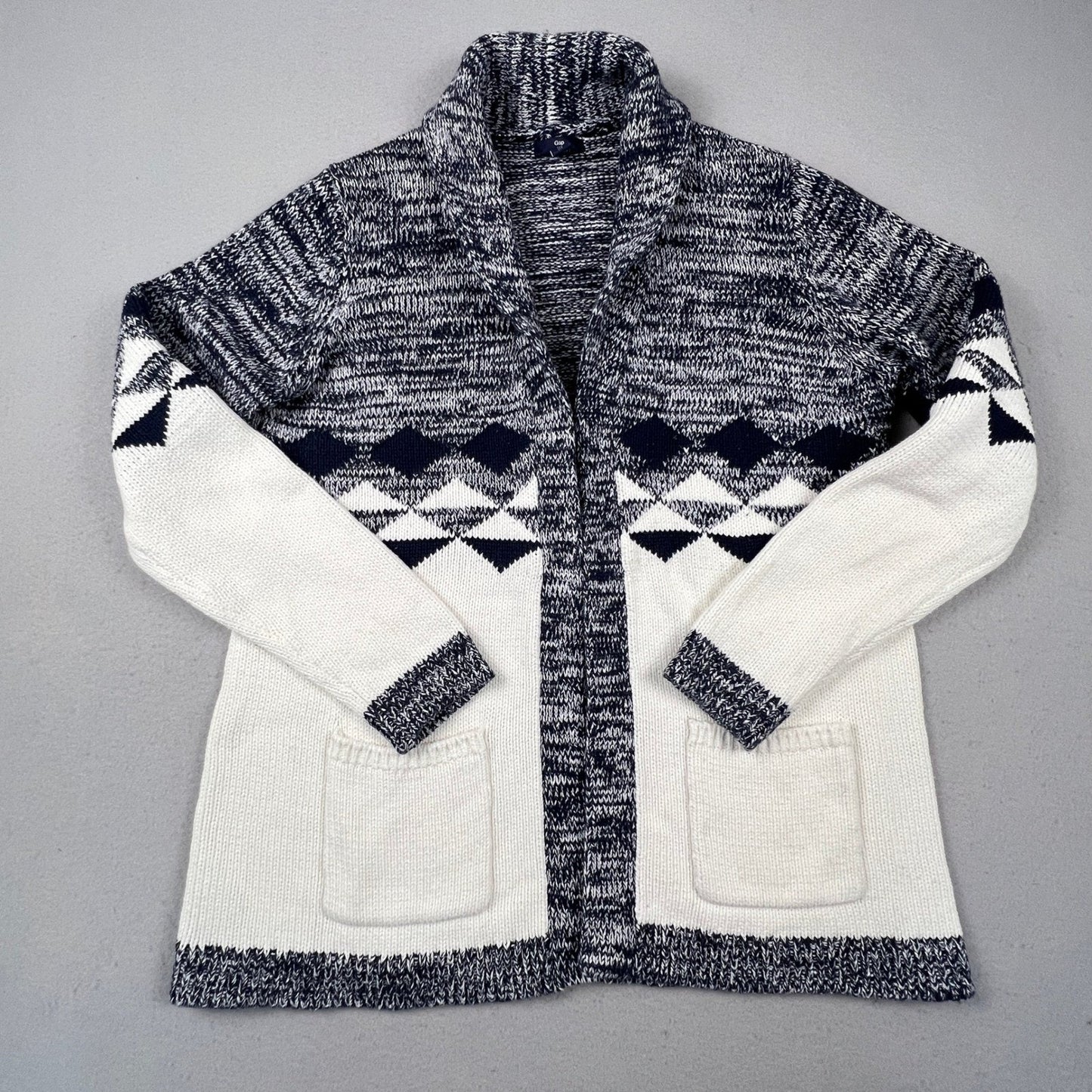 Gap Cardigan Sweater Womens Large Blue White Geometric Fair Isle Shawl Knit Cozy