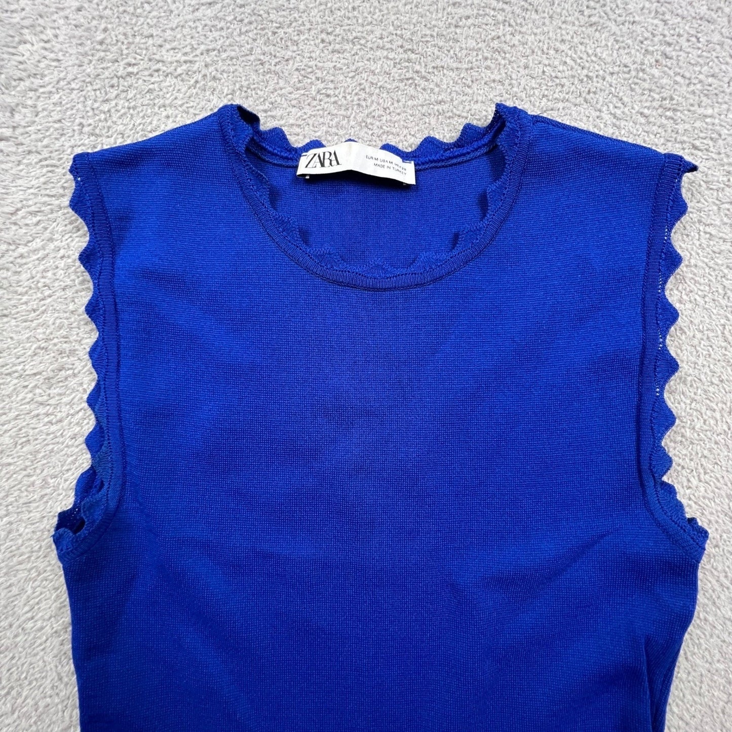 Zara Knit Midi Dress Womens Medium Blue Scalloped Trim Bodycon Sleeveless Chic