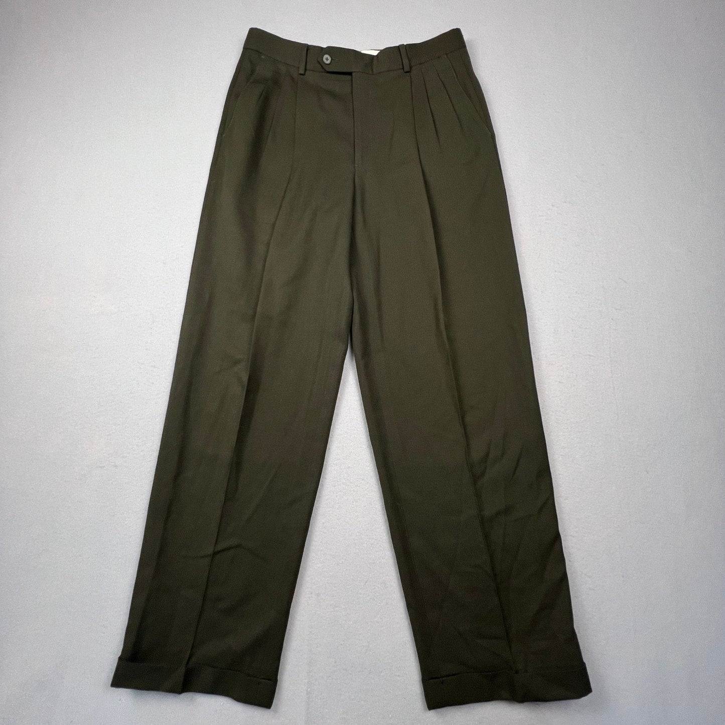 Monsieur by Givenchy Dress Pants Mens 33 Olive Green Pleated Cuffed Vintage Luxe