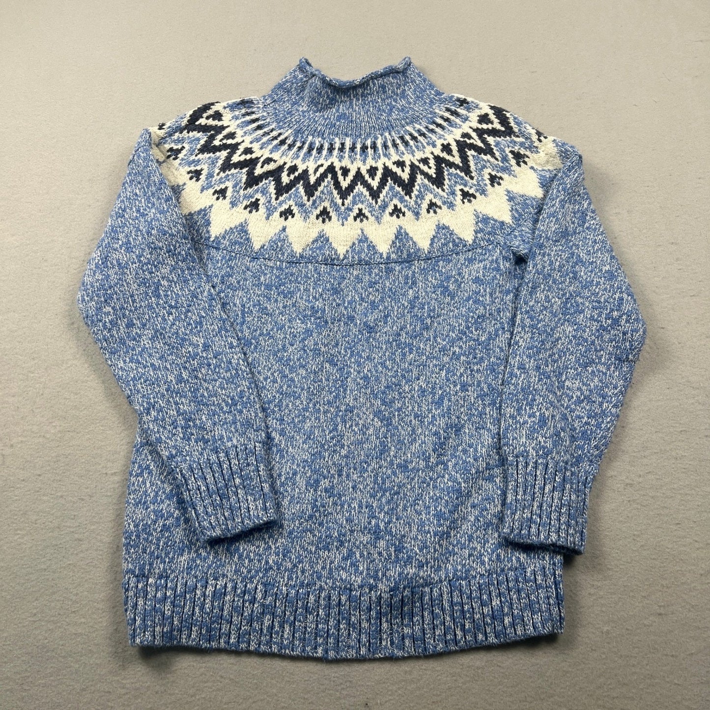 L.L.Bean Fair Isle Sweater Womens Medium Blue Cotton Mock Neck Pullover Winter