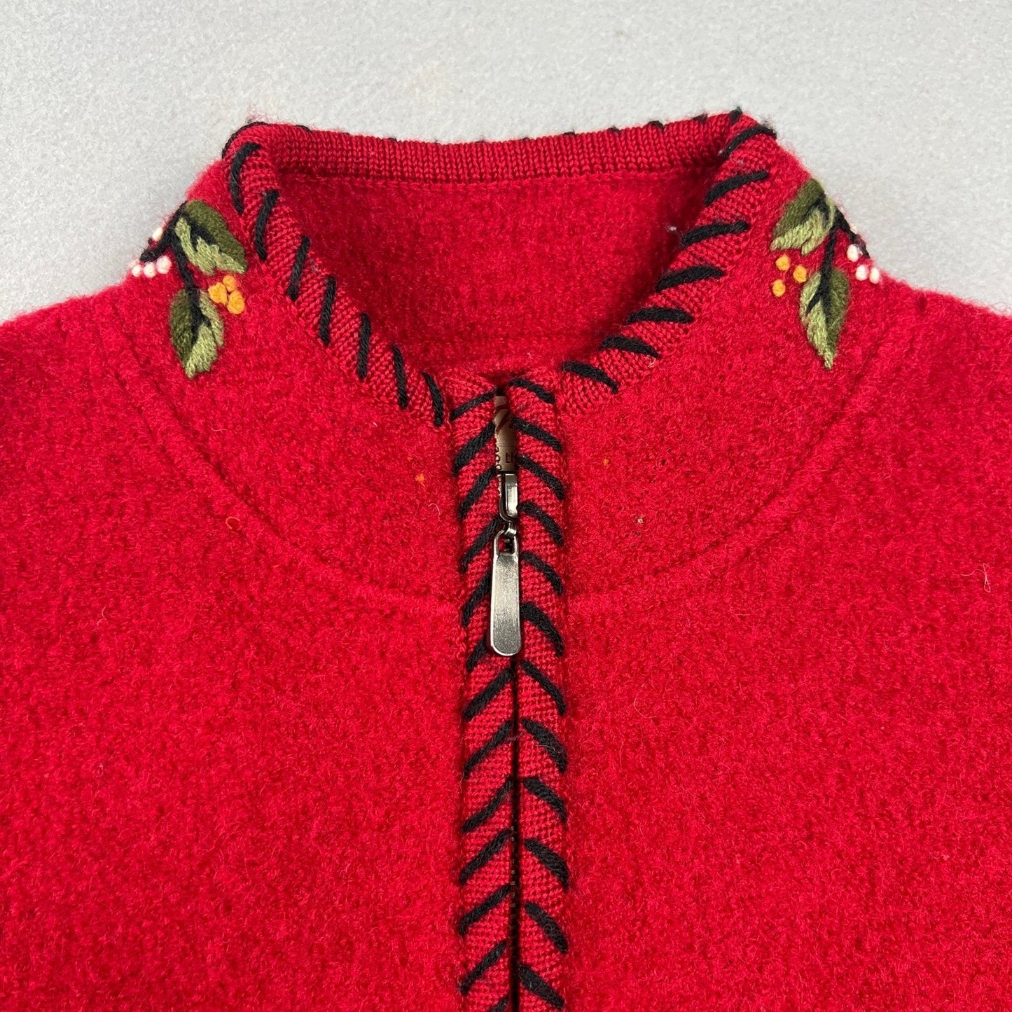 VTG Norm Thompson 100% Wool Jacket Small Red Embroidered Zip Up Cardigan Festive