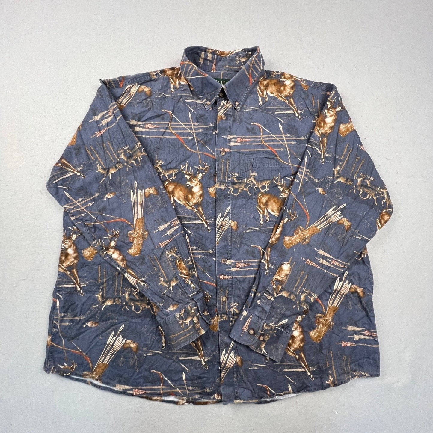 Gallop Button Down Shirt Mens XXL Blue Deer Bow Arrow Print Long Sleeve Hunting