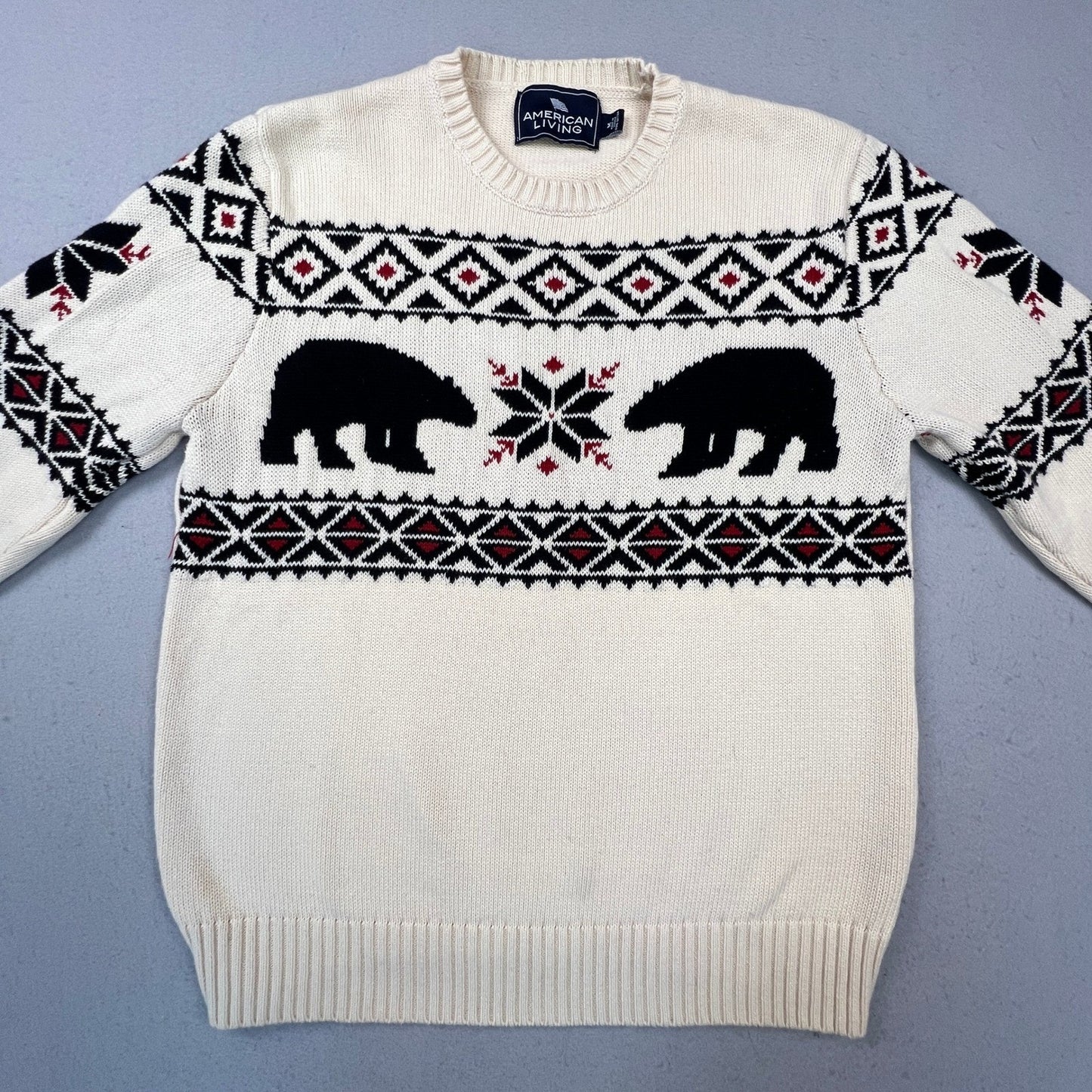 American Living Bear Fair Isle Sweater Mens Medium Cream Cotton Knit Cabin Core