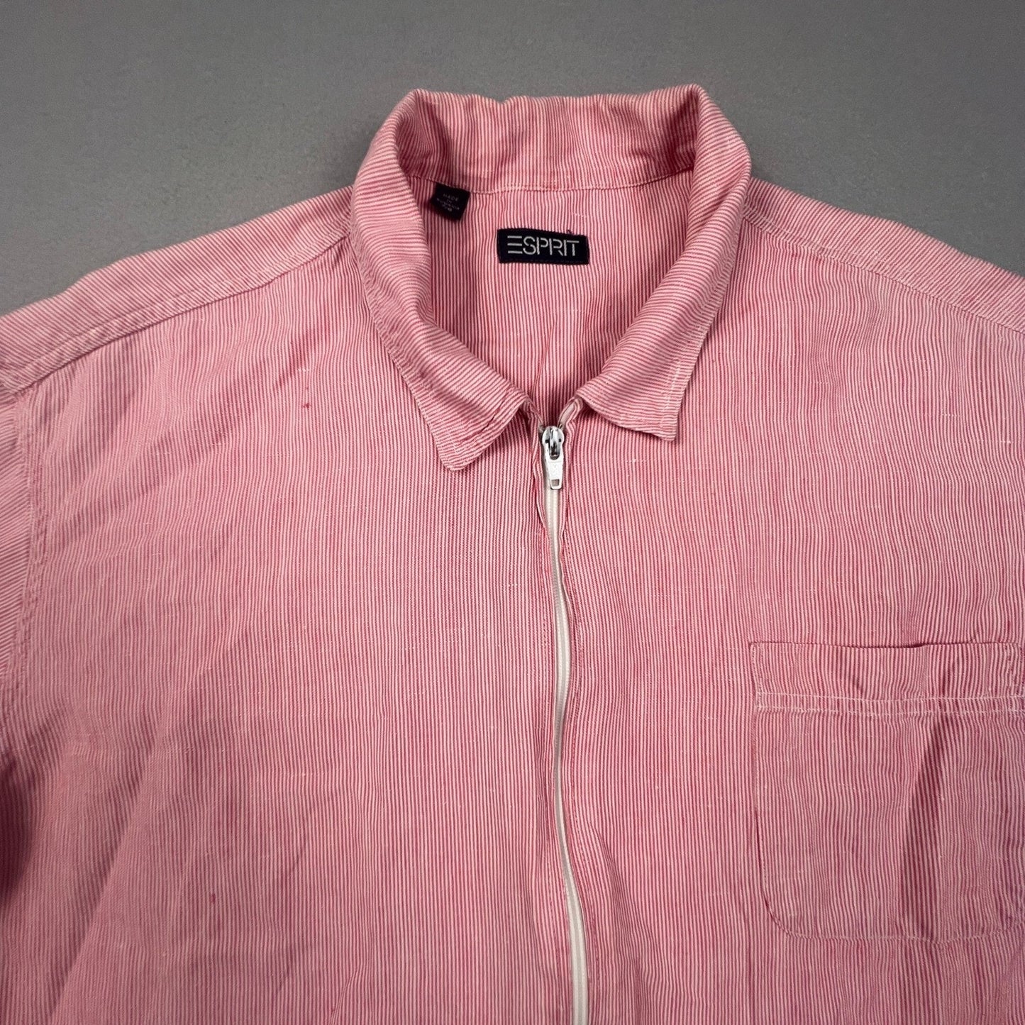 VTG 90s Esprit Jacket Womens Red Pinstripe Cotton Linen Zip Up Bomber Coat