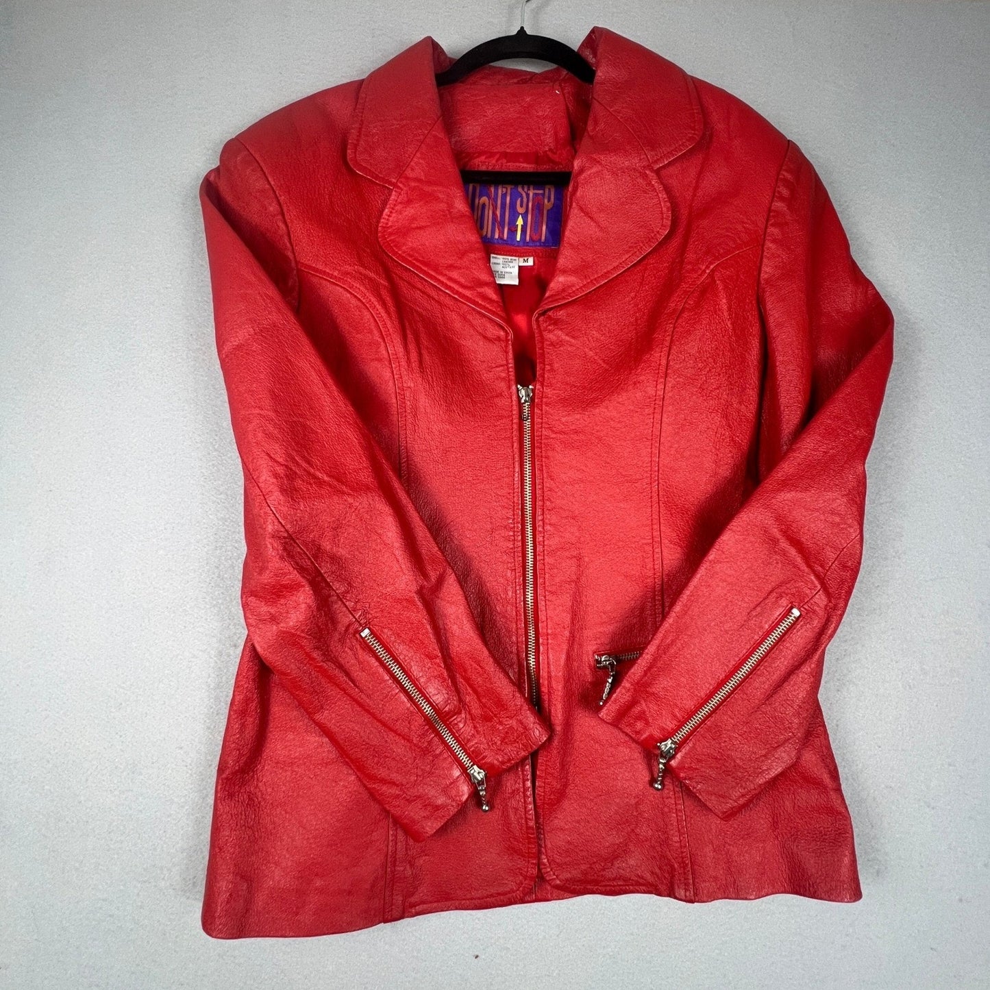 VTG 80s Don't Stop Leather Jacket Women Medium Red Zip Vintage Biker Chic Retro