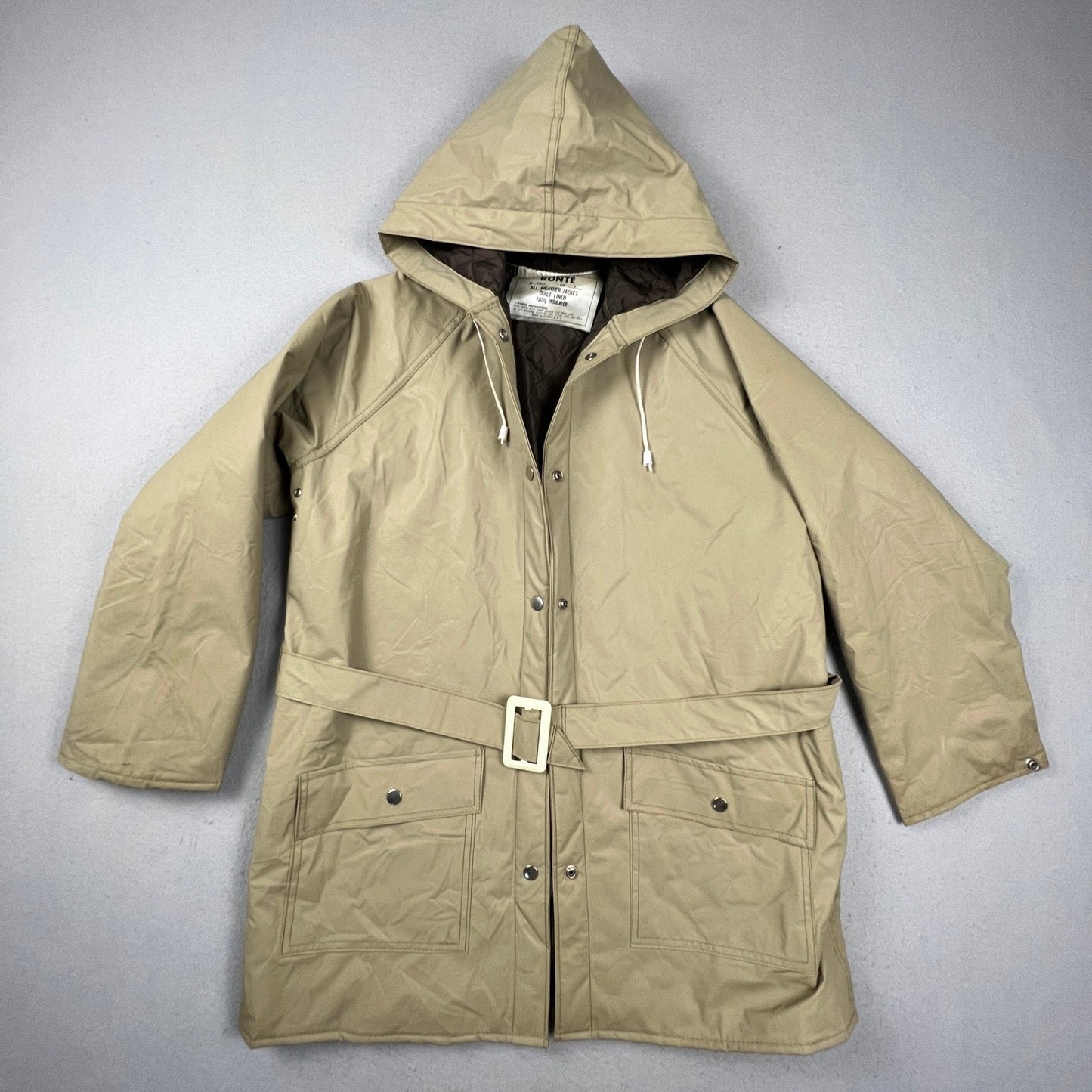 Ronte All Weather Jacket Mens Large Tan Quilt Lined Belted Hooded Rain Coat Vtg