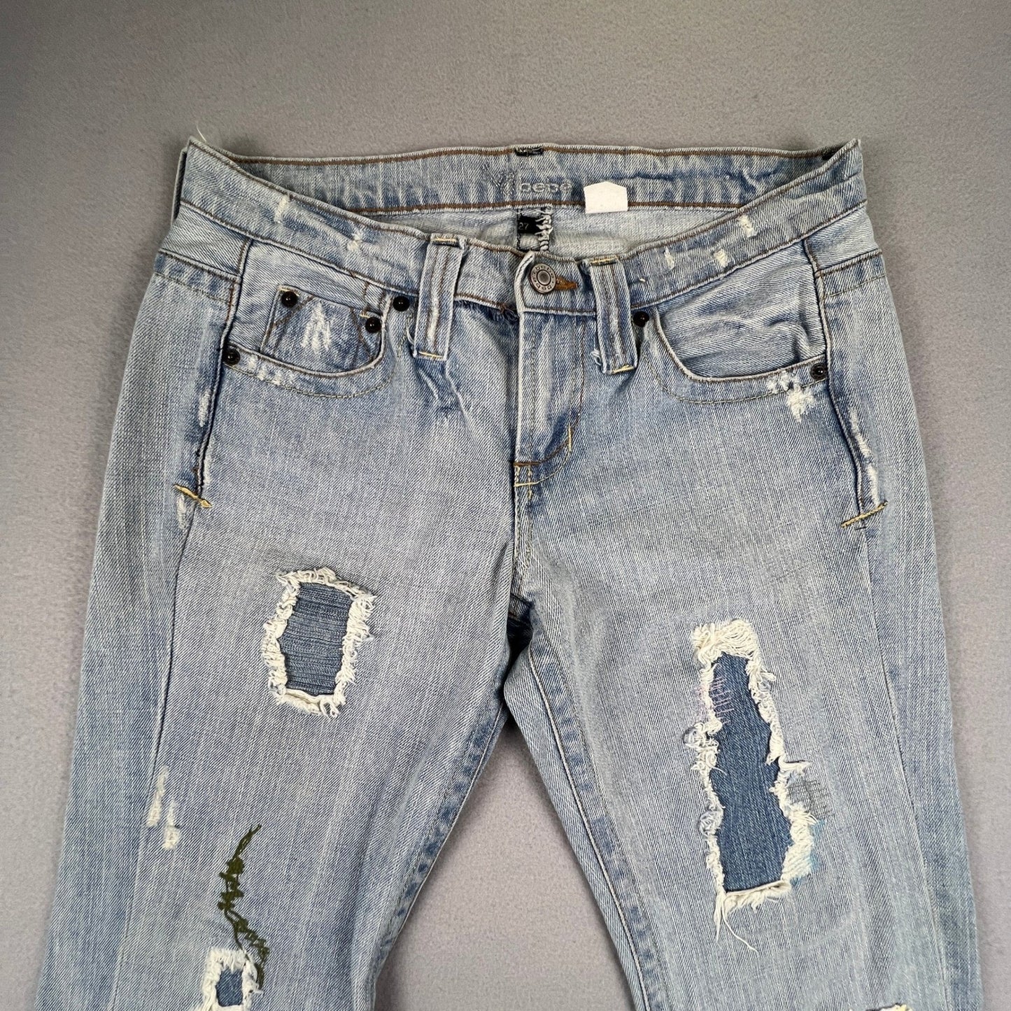 VTG Y2K Bebe Flare Jeans Womens 27 Embroidered Distressed Patchwork Boho
