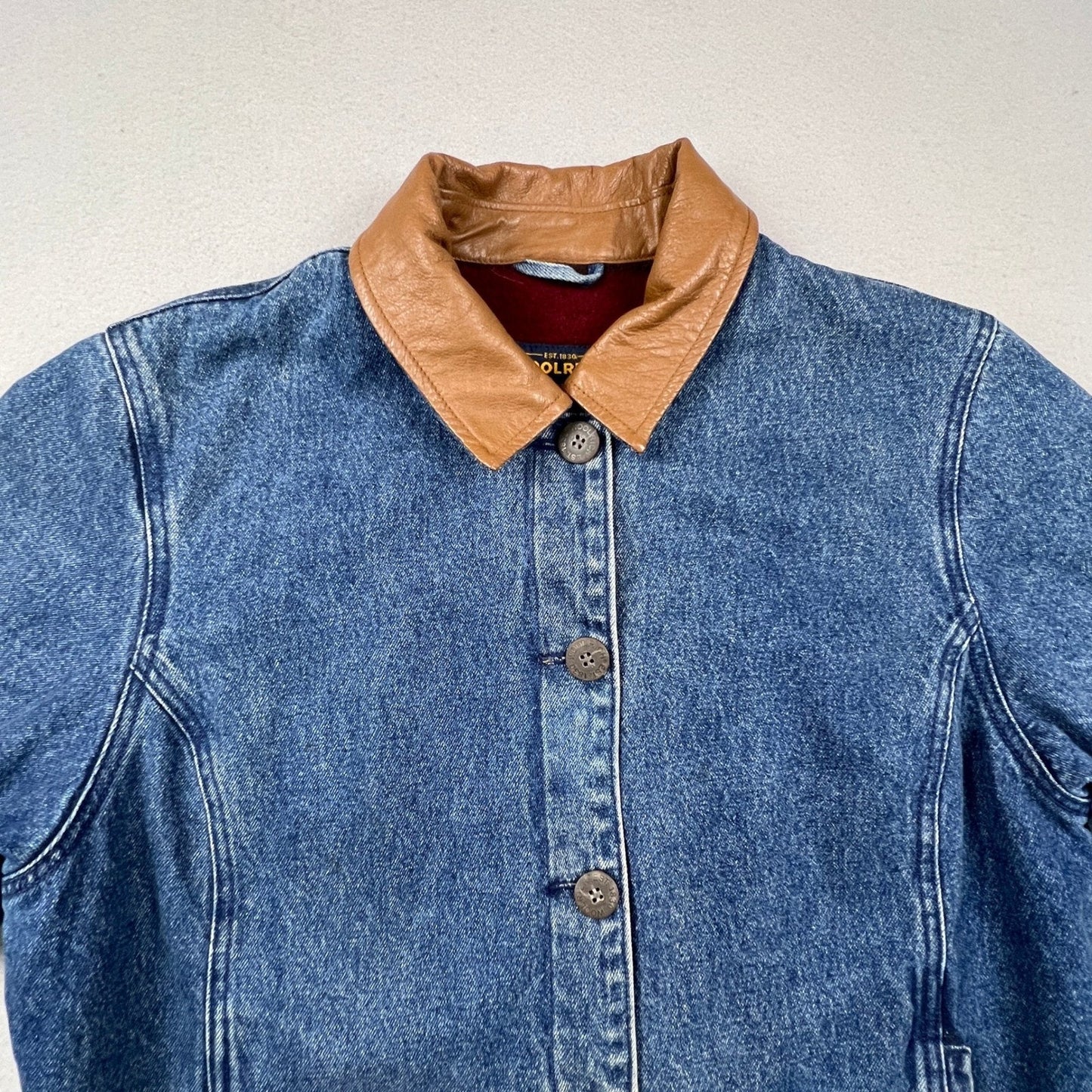 Woolrich Denim Barn Jacket Womens L Blue Leather Collar Fleece Lined Workwear