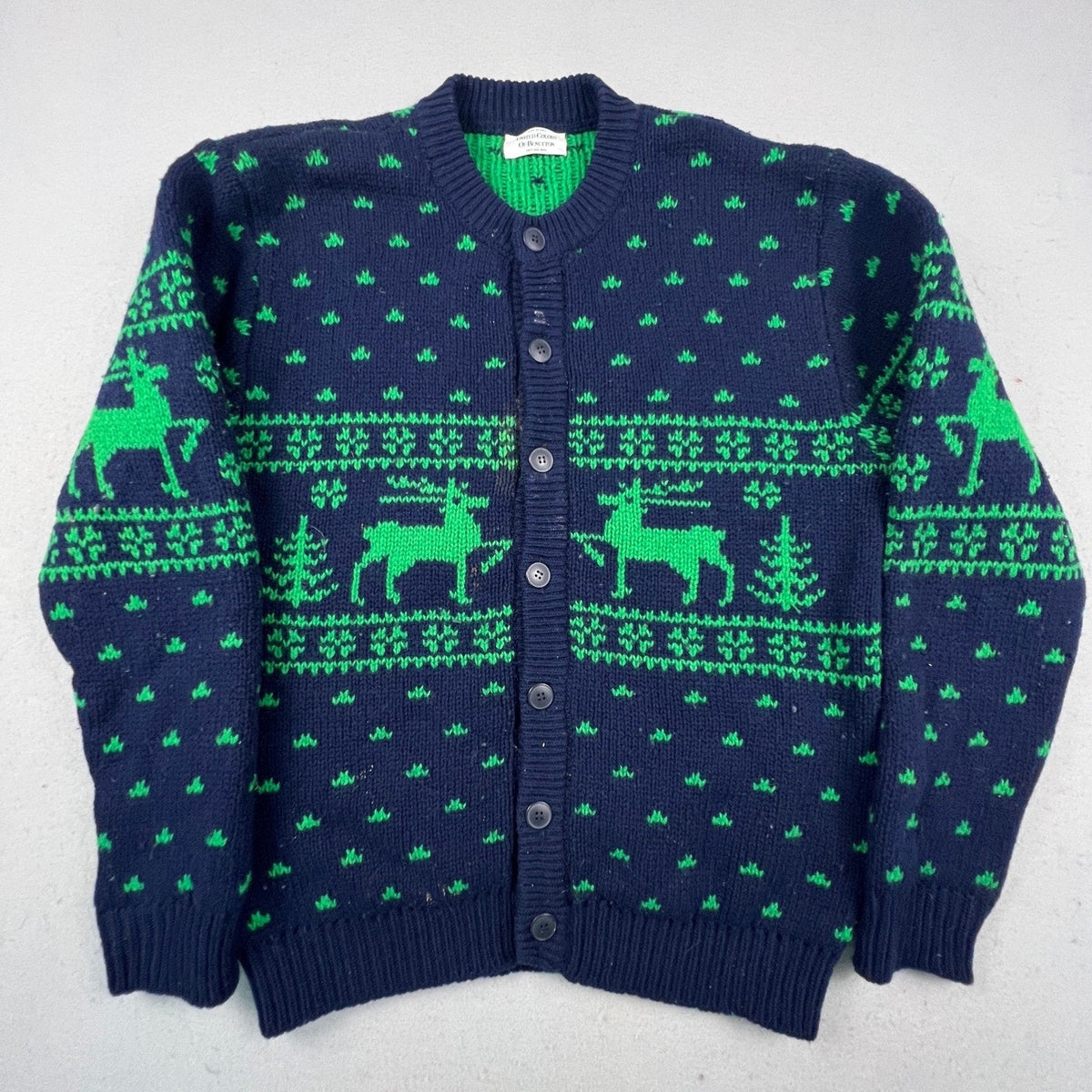 United Colors of Benetton Cardigan Mens L Navy Green Reindeer Shetland Wool