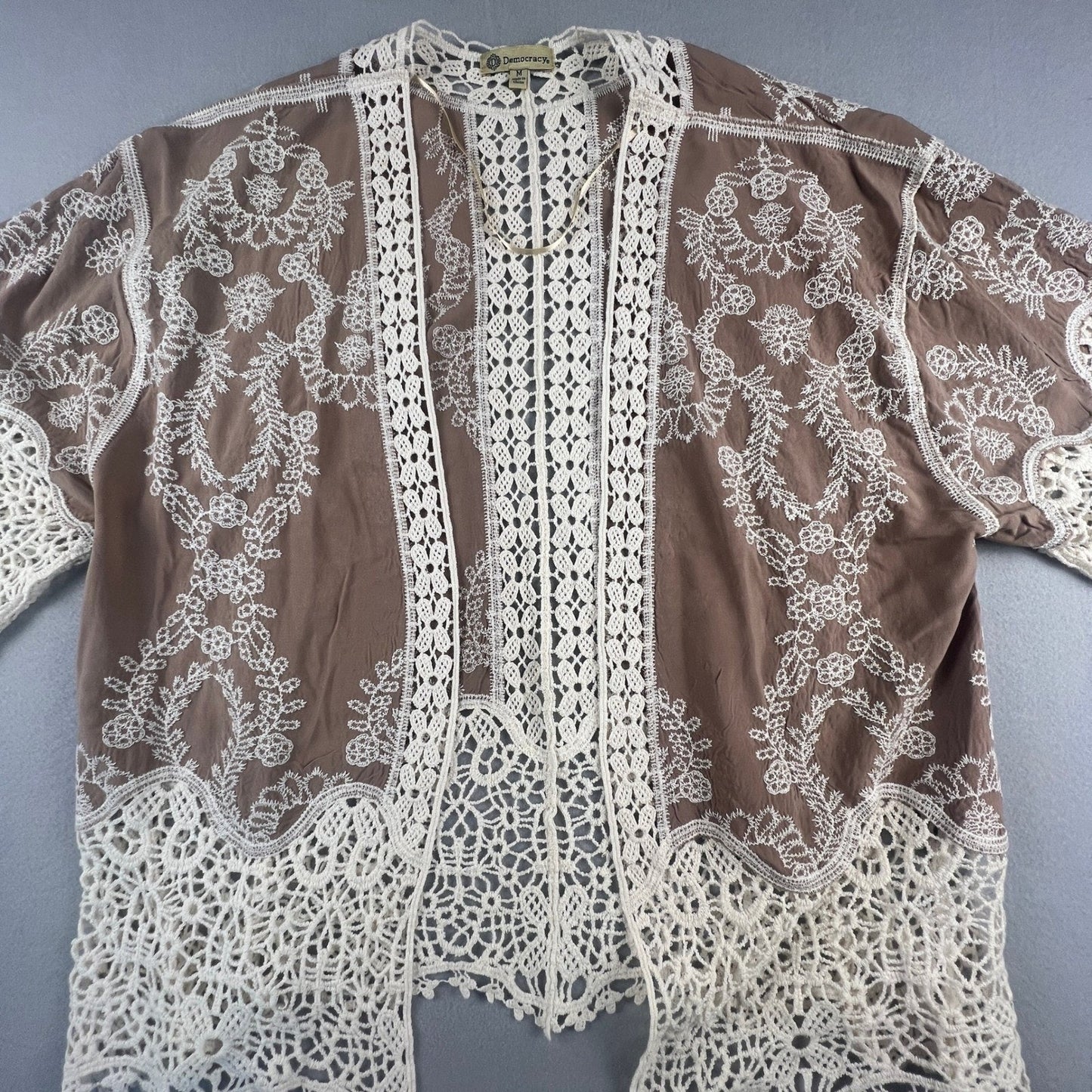 Crochet Lace Kimono Cardigan Womens M Brown Embroidered Boho Sheer Layer