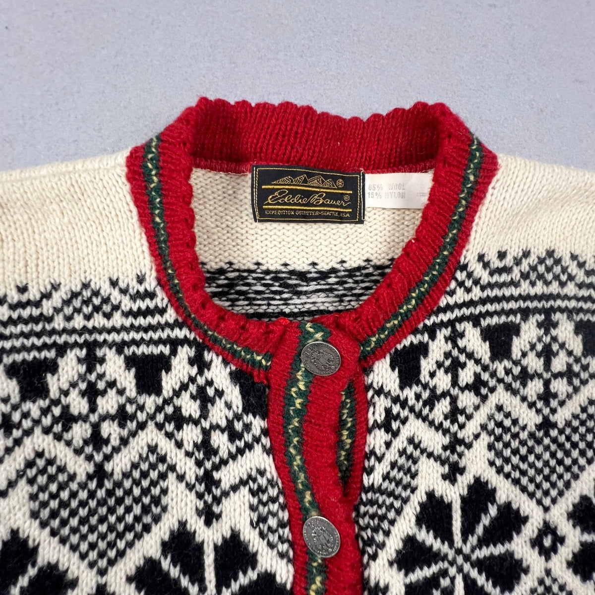 Vintage Eddie Bauer Cardigan Sweater Womens L Nordic Wool Blend Winter Snowflake