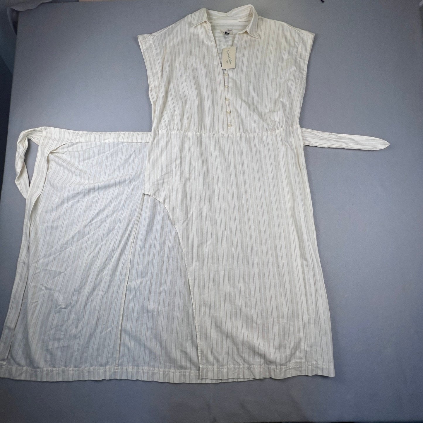 Midi Dress Womens L Cream Pinstripe Wrap Tie Cotton Casual Universal Thread