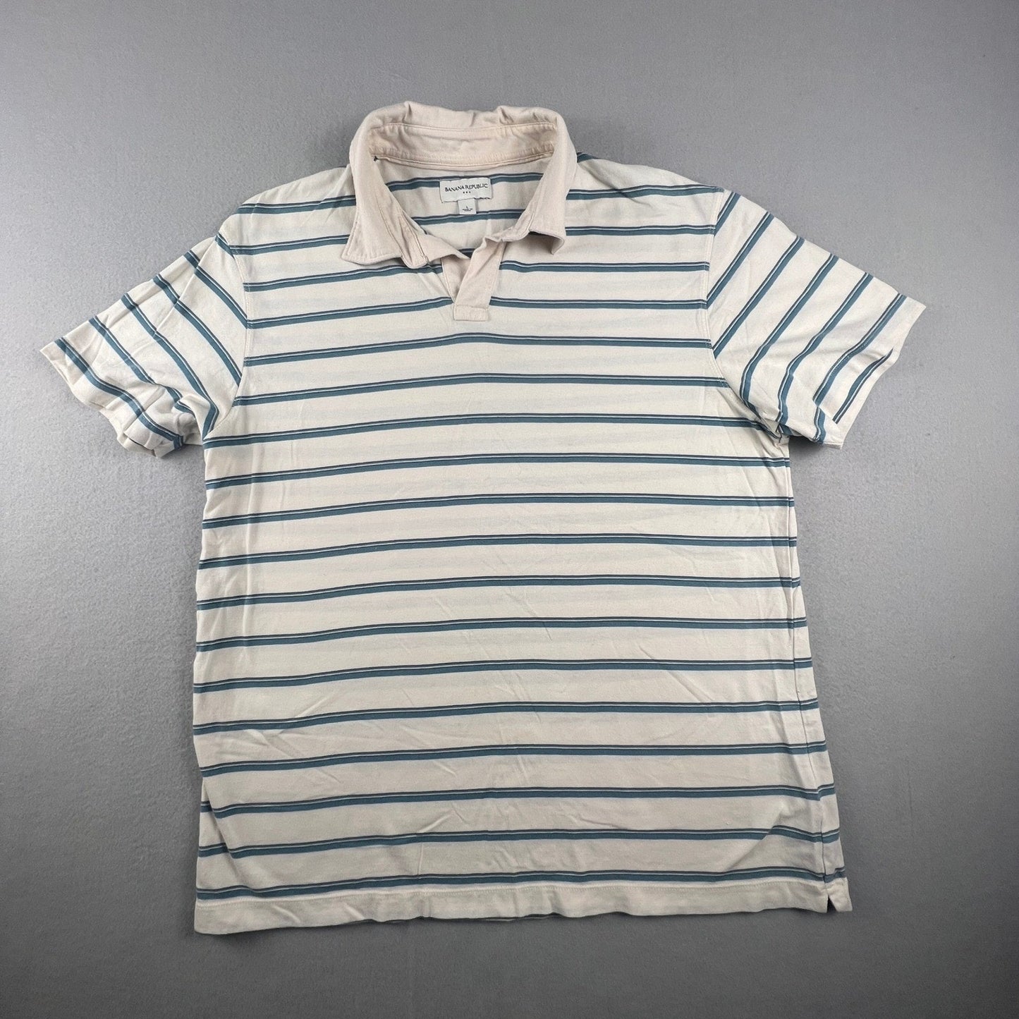 100% Cottong Banana Republic Polo Shirt Mens Large White Blue Striped Casual Preppy