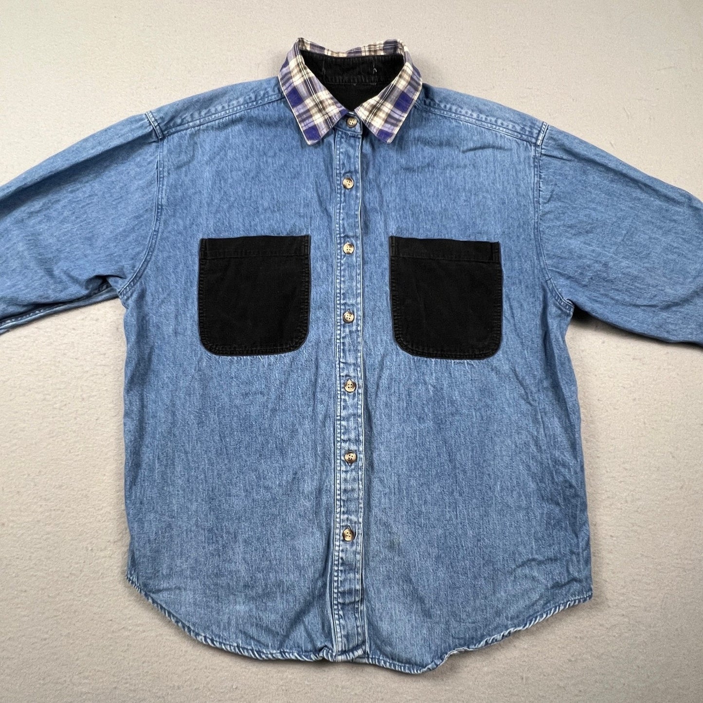 VTG Tommy Hilfiger Denim Shirt Womens Medium Blue Corduroy Pocket Plaid Trim