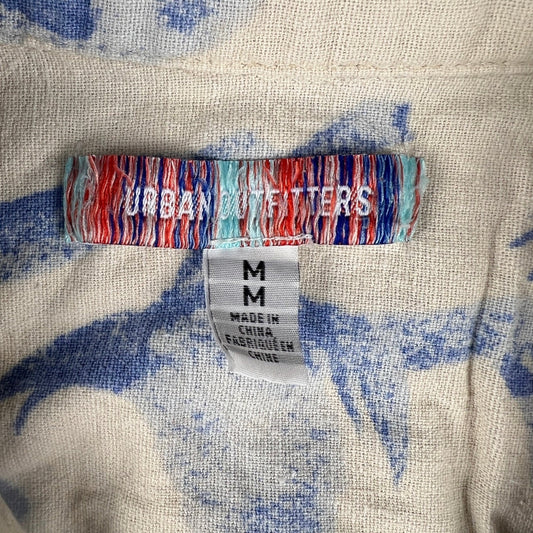 Urban Outfitters Cat Print Shirt Mens Medium Blue Cream Linen Blend Short Sleeve