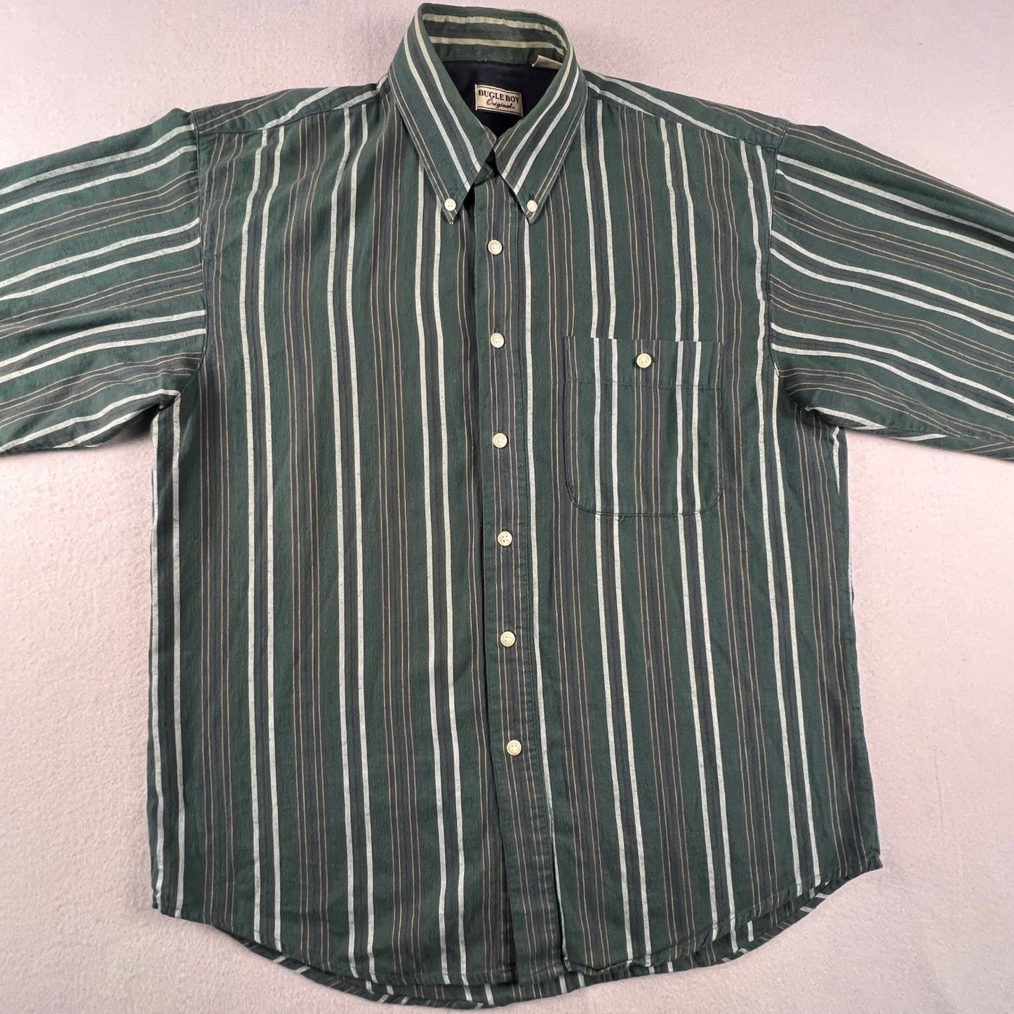 VTG Bugle Boy Button Down Shirt Mens Medium Green Striped Cotton Long Sleeve