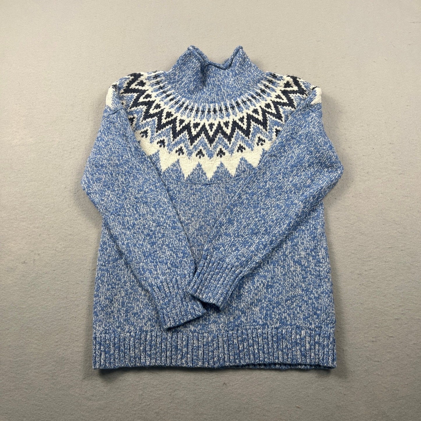 L.L.Bean Fair Isle Sweater Womens Medium Blue Cotton Mock Neck Pullover Winter