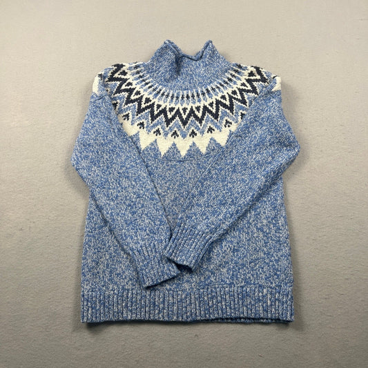 L.L.Bean Fair Isle Sweater Womens Medium Blue Cotton Mock Neck Pullover Winter
