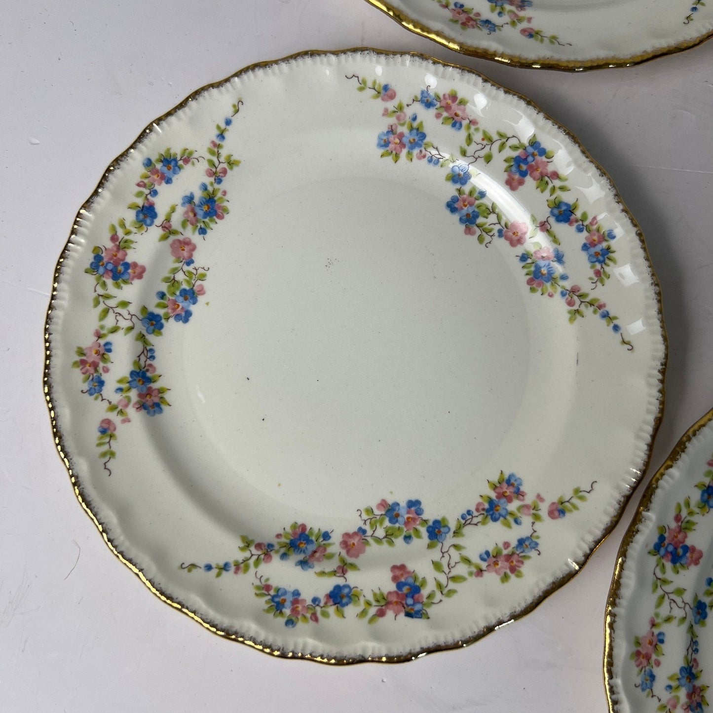 VTG 50s Pope-Gosser Blue Bell Bread Plates Set of 4 White Gold Trim Grandmacore