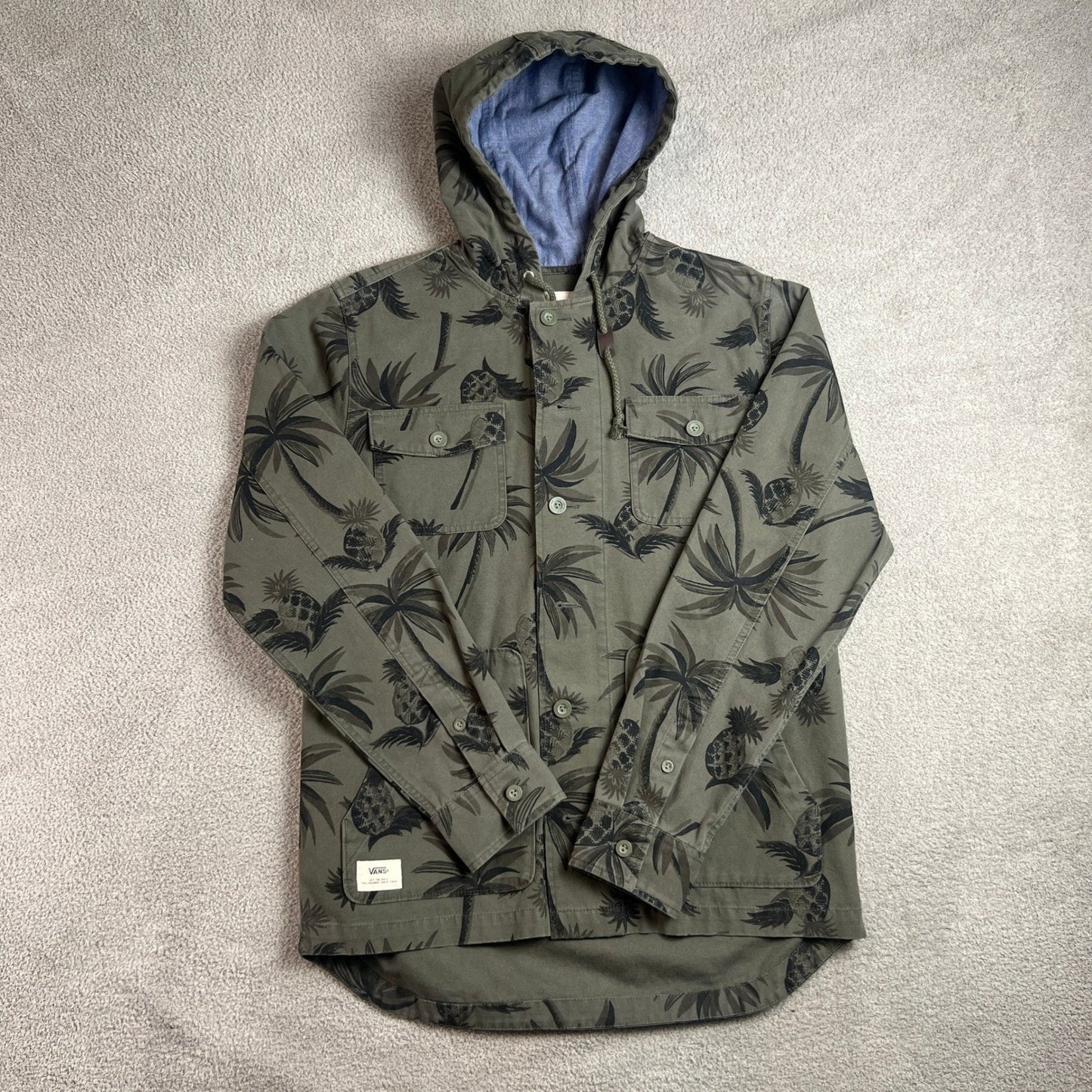 Vans Hooded Jacket Mens Medium Tropical Palm Tree Print Chore Coat Olive