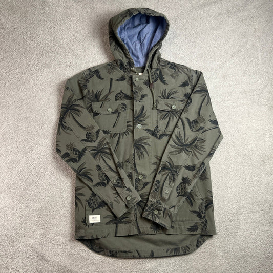 Vans Hooded Jacket Mens Medium Tropical Palm Tree Print Chore Coat Olive